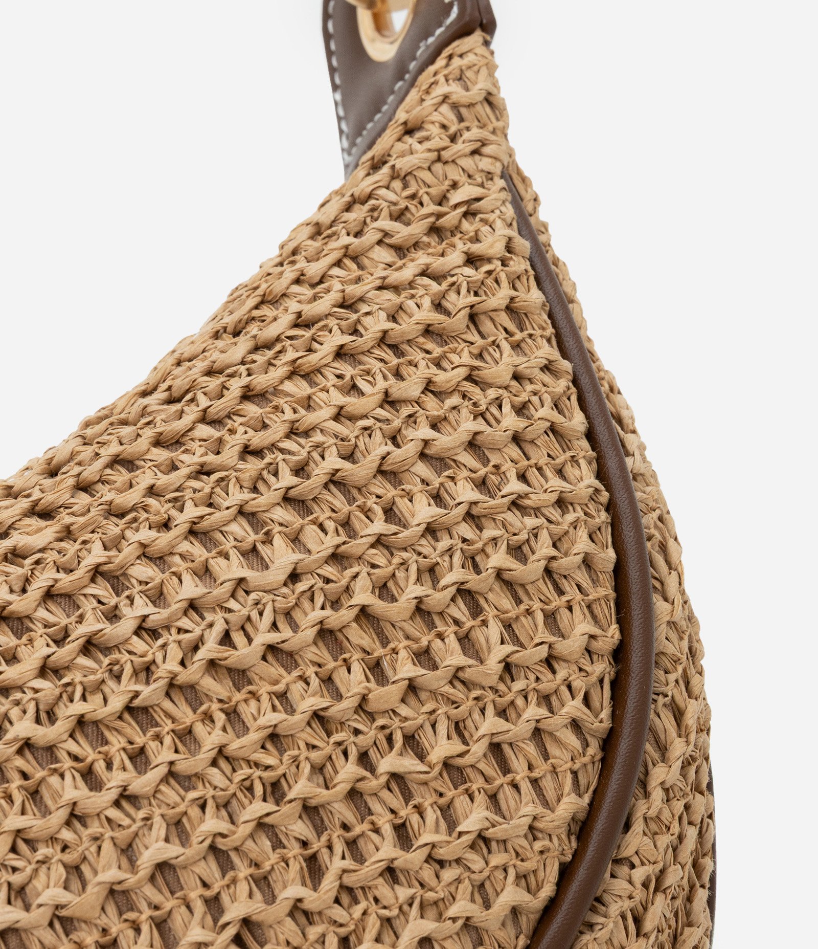 Bolsa Meia Lua Transversal Boho com Efeito Palha e Gorgorão Bege 5