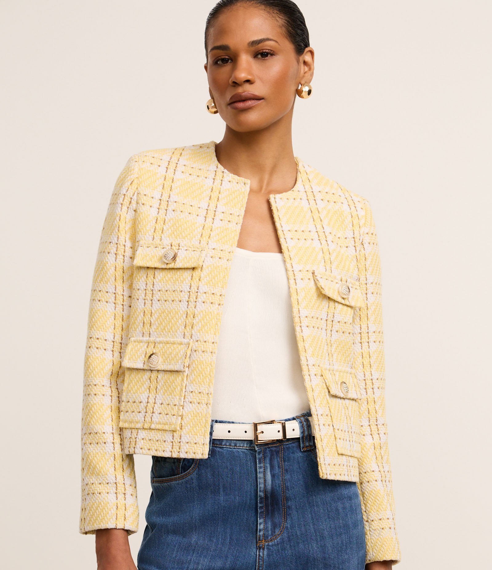 Jaqueta em Tweed Xadrez com Botões nos Bolsos 1