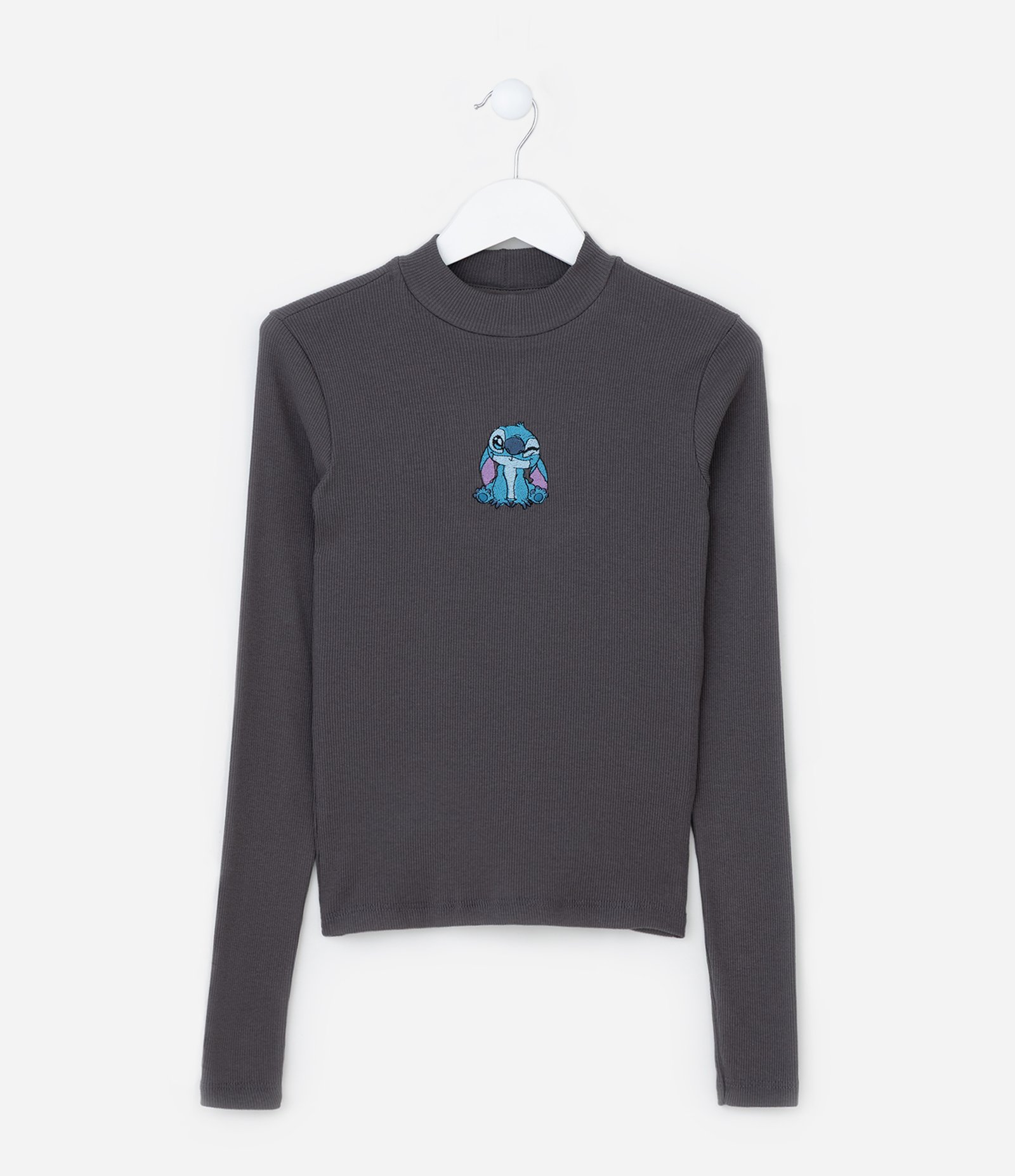 Camiseta Infantil Canelada com Bordado Stitch - Tam 5 a 14 Anos Cinza 1