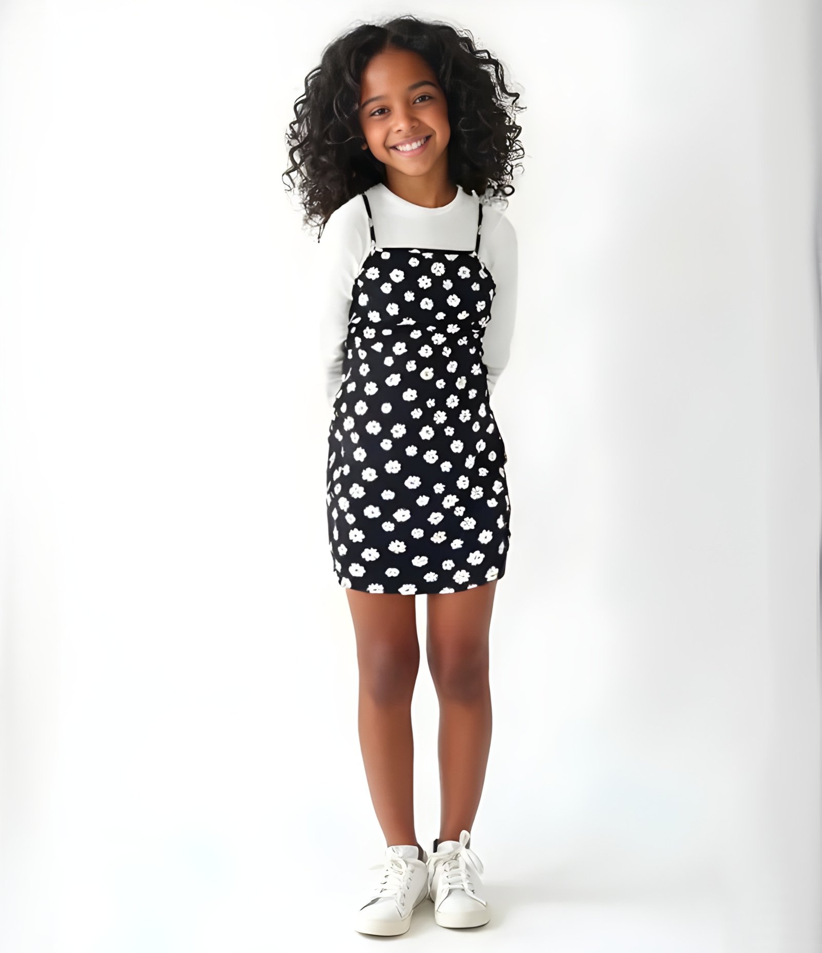 Vestido Infantil com Sobreposição e Estampa Margaridas - Tam 5 a 14 Anos Preto/Branco 1