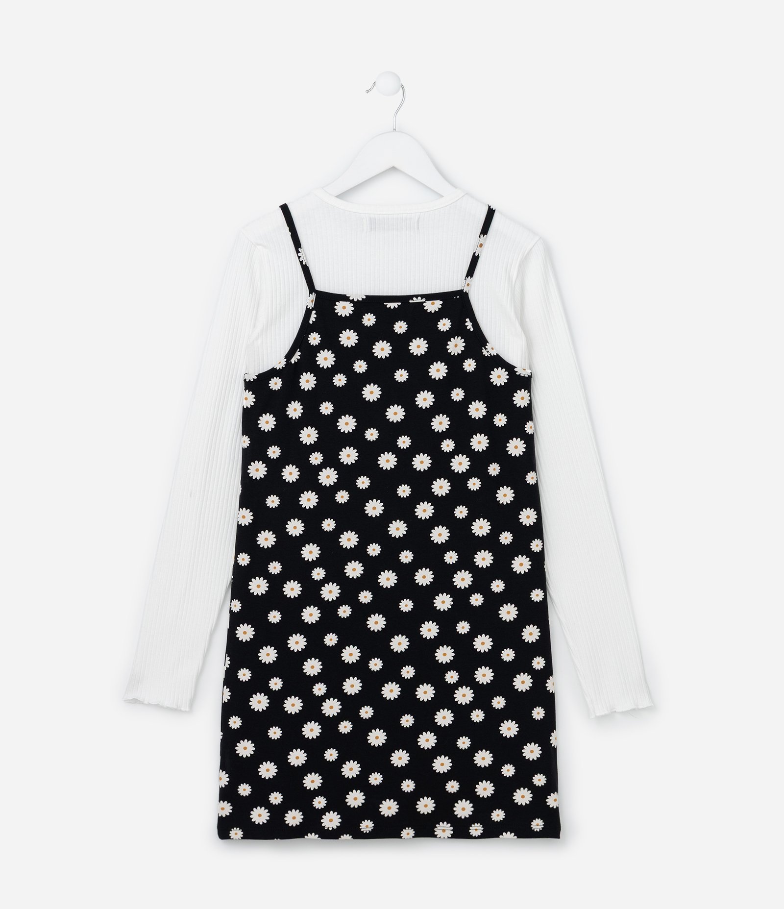 Vestido Infantil com Sobreposição e Estampa Margaridas - Tam 5 a 14 Anos Preto/Branco 3