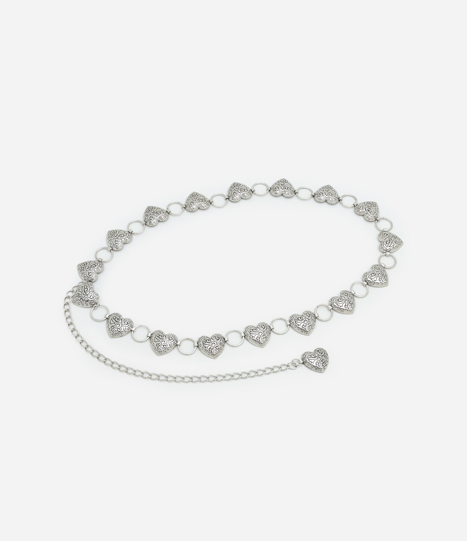 Cinto Médio Estreito em Corrente de Metal com Corações Trabalhados Prata 1