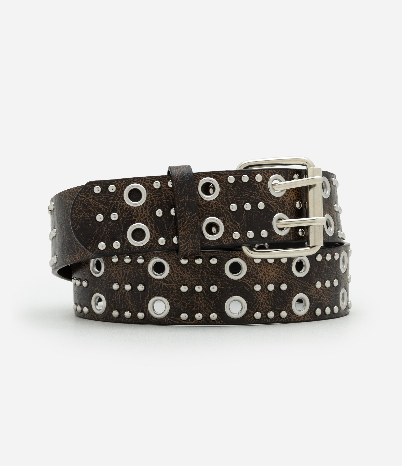 Cinto Médio com Efeito Desgastado e Fivela Dupla com Ilhós Marrom 2