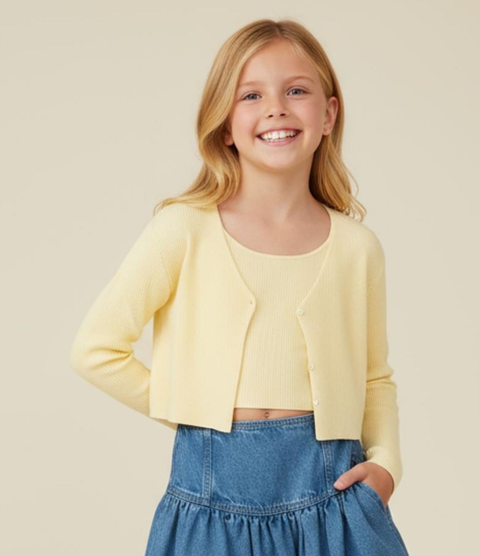 Cardigan Infantil Canelado em Viscose - Tam 5 a 14 anos Amarelo 1