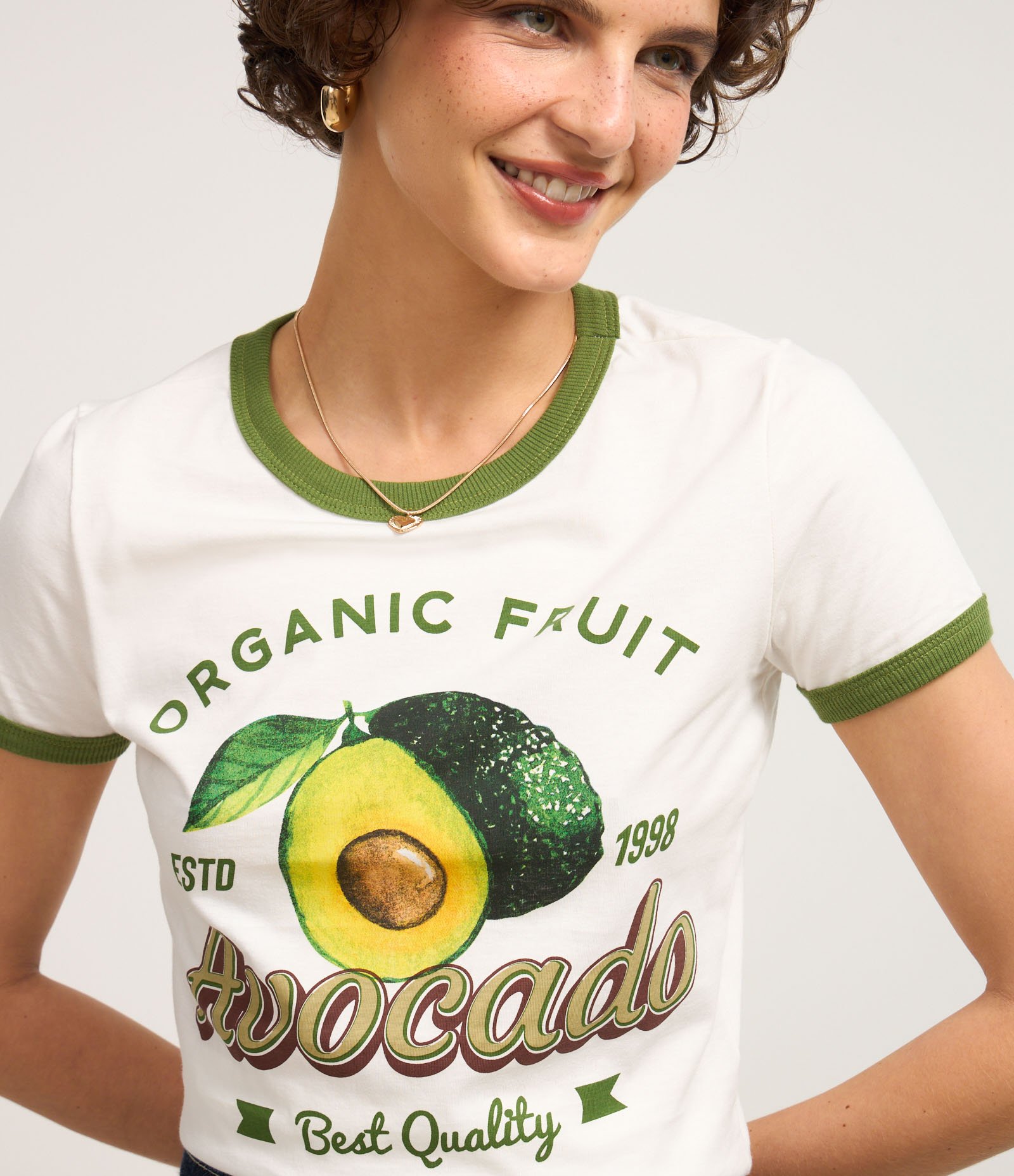 Blusa Baby Look em Algodão com Detalhe e Estampa Avocado Branco 3