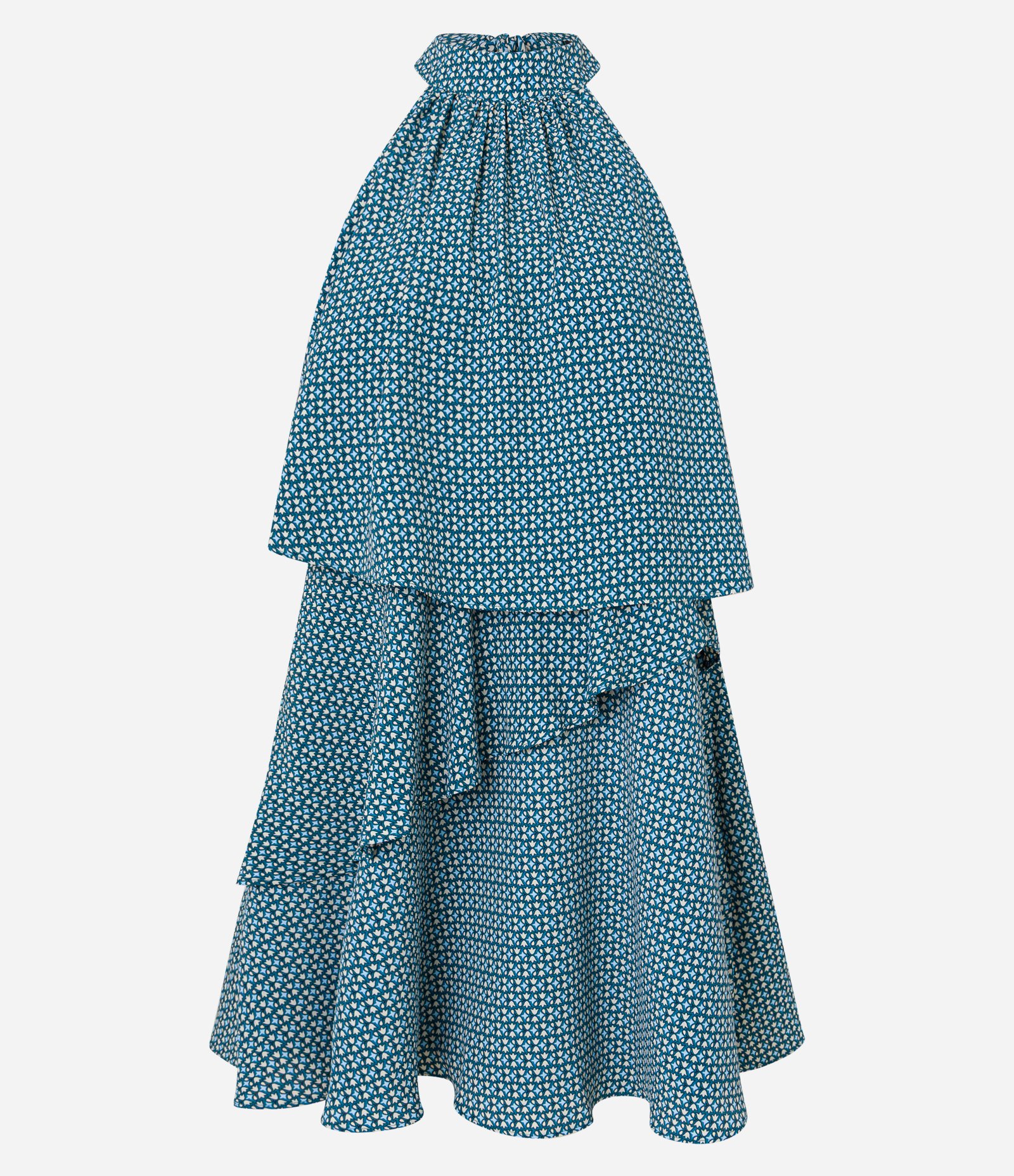 Vestido Evasê em Chiffon com Camadas e Estampa Geométrica Azul 7
