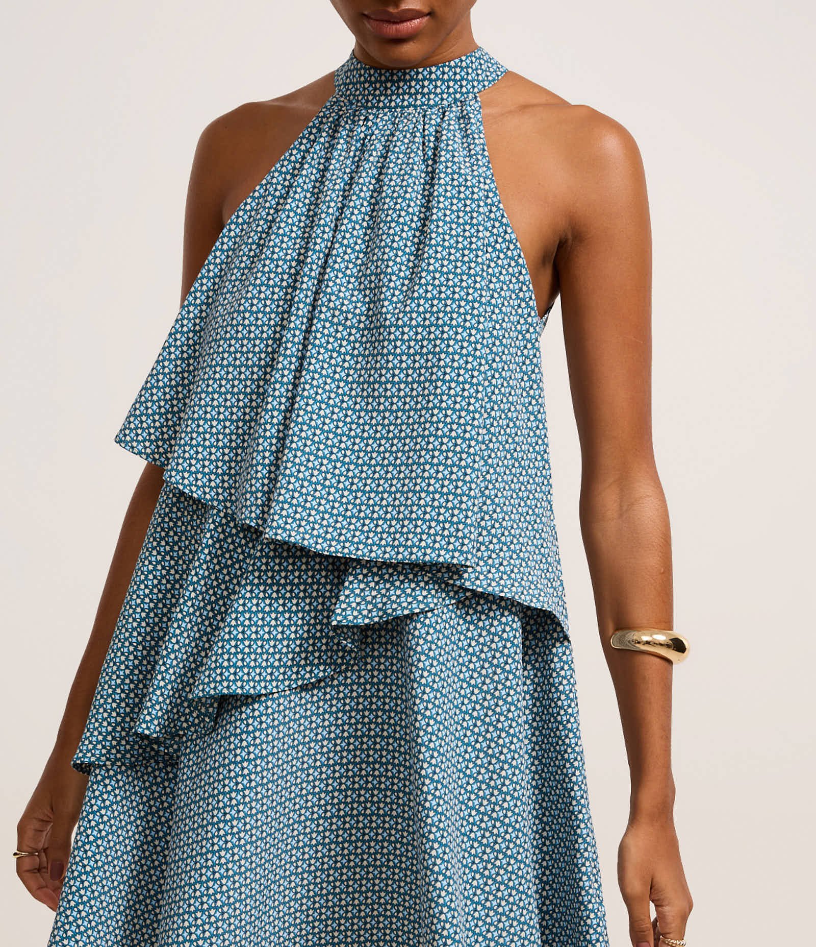 Vestido Evasê em Chiffon com Camadas e Estampa Geométrica Azul 6