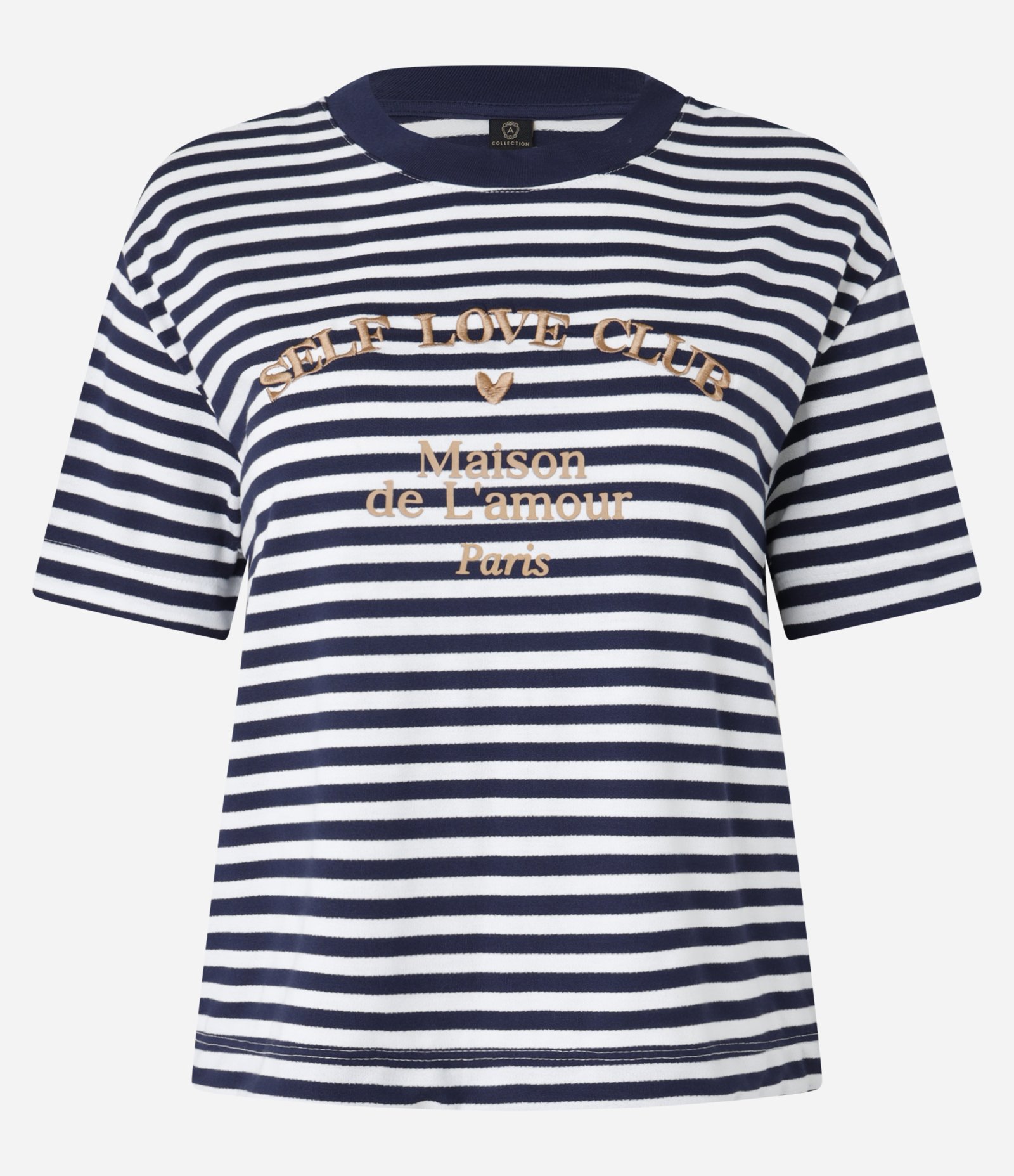 Camiseta Boxy Listrada com Bordado Lettering e Coração Azul Marinho/Branco 5