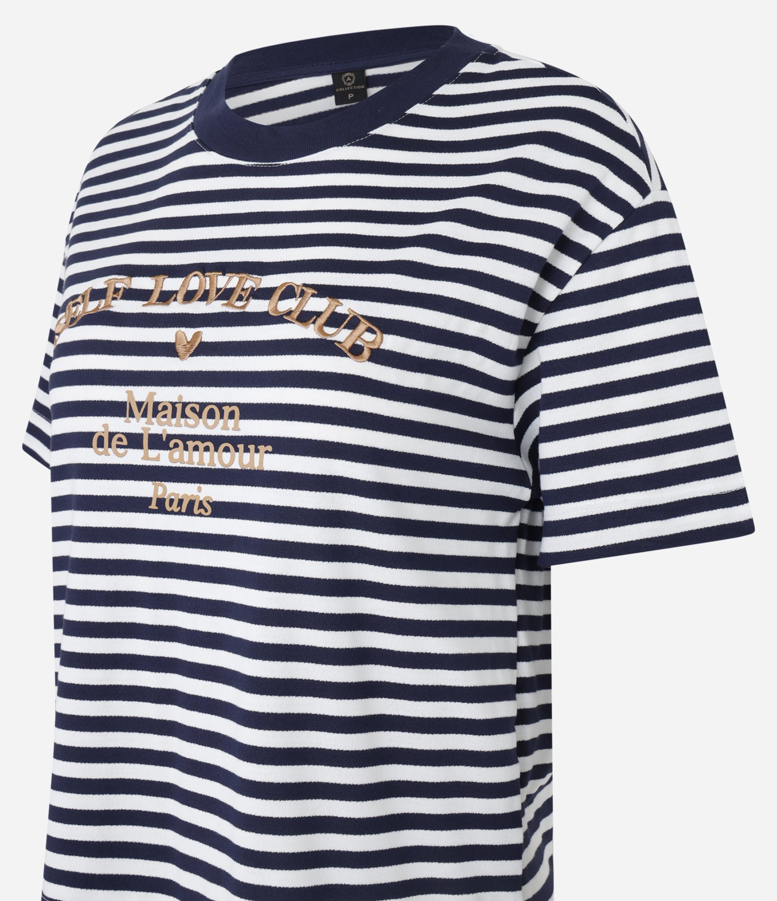 Camiseta Boxy Listrada com Bordado Lettering e Coração Azul Marinho/Branco 6