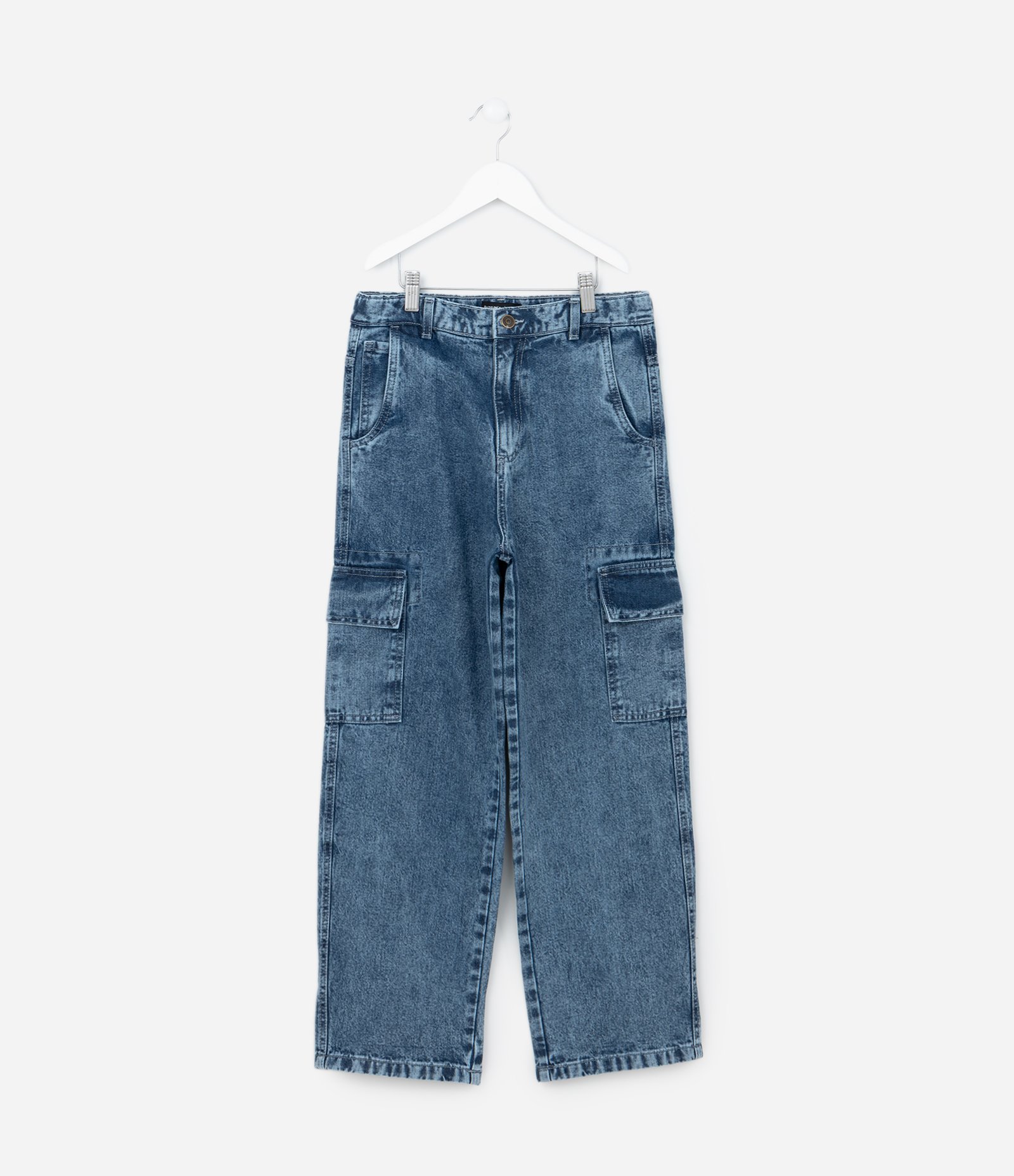 Calça Baggy Infantil em Jeans com Bolsos Cargo - Tam 5 a 14 Anos Azul Médio 1