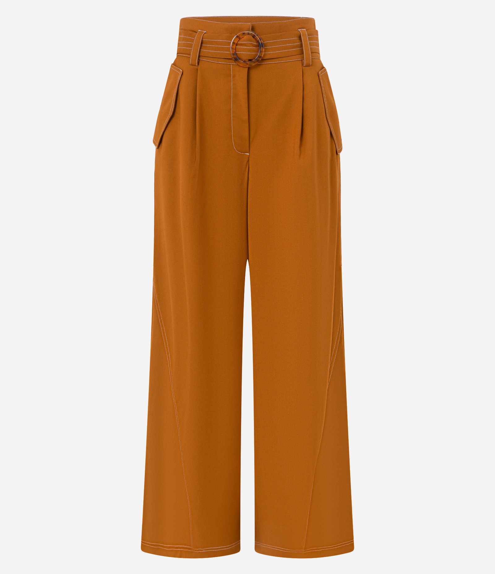 Calça Pantalona em Sarja com Pespontos Contrastantes Cinto e Fivela Marrom 5