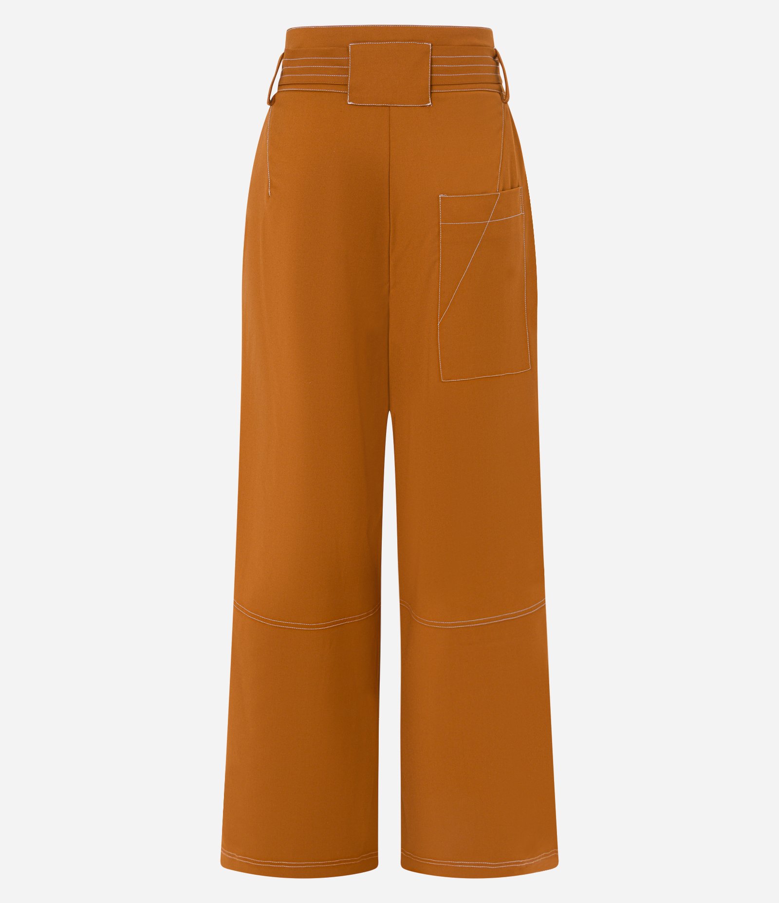 Calça Pantalona em Sarja com Pespontos Contrastantes Cinto e Fivela Marrom 6