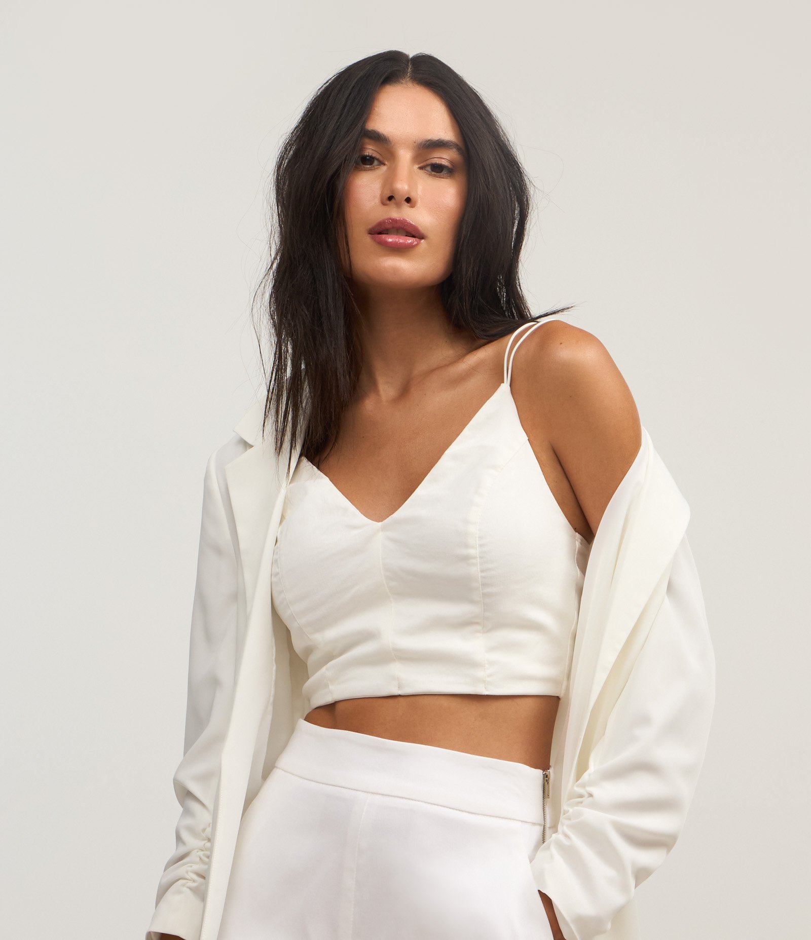 Blusa Cropped em Bengaline com Alça Dupla Branco 1