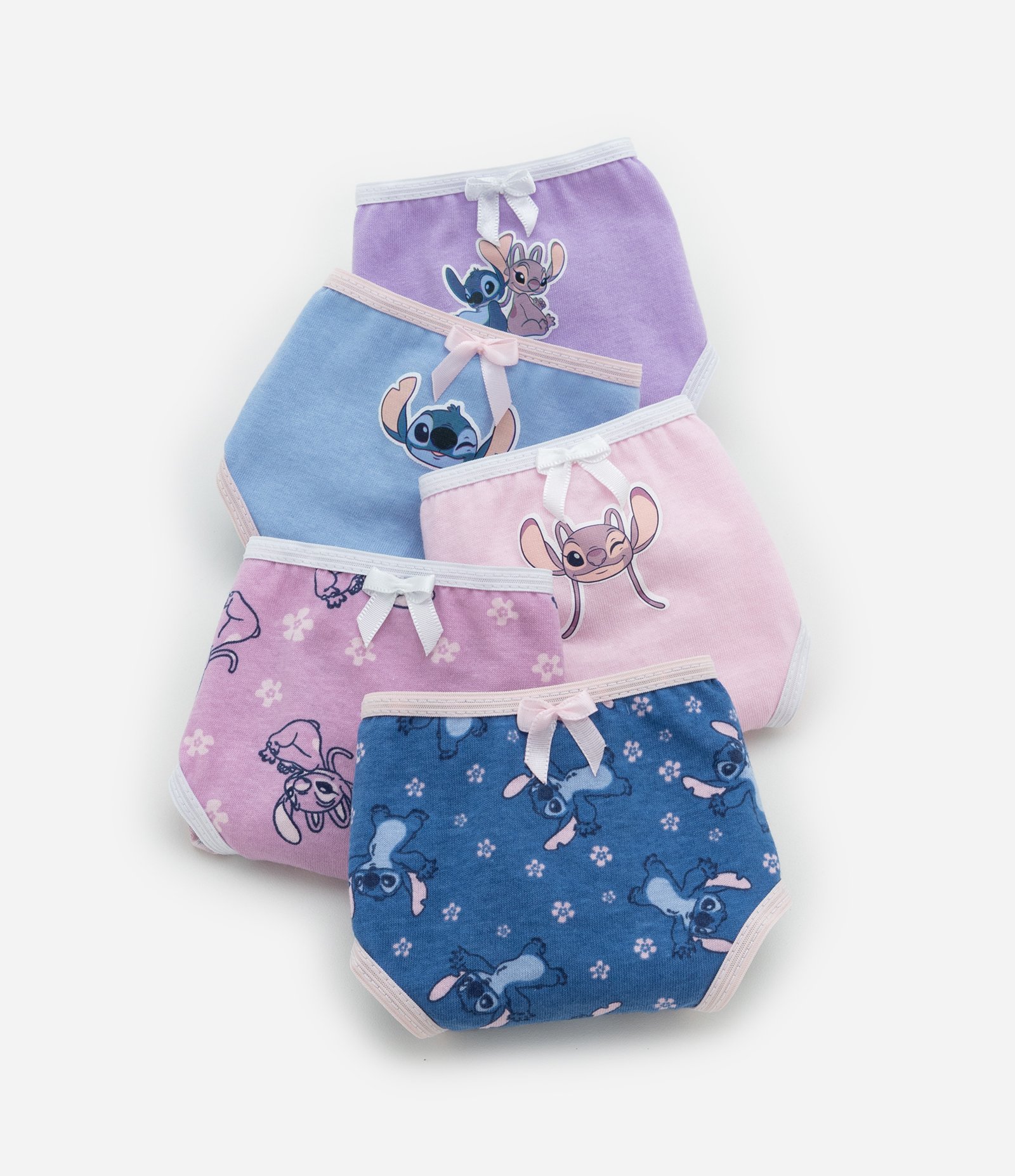Kit 05 Calcinhas Infantis com Estampa Stitch e Angel - Tam 4 a 12 Anos Multicores 3