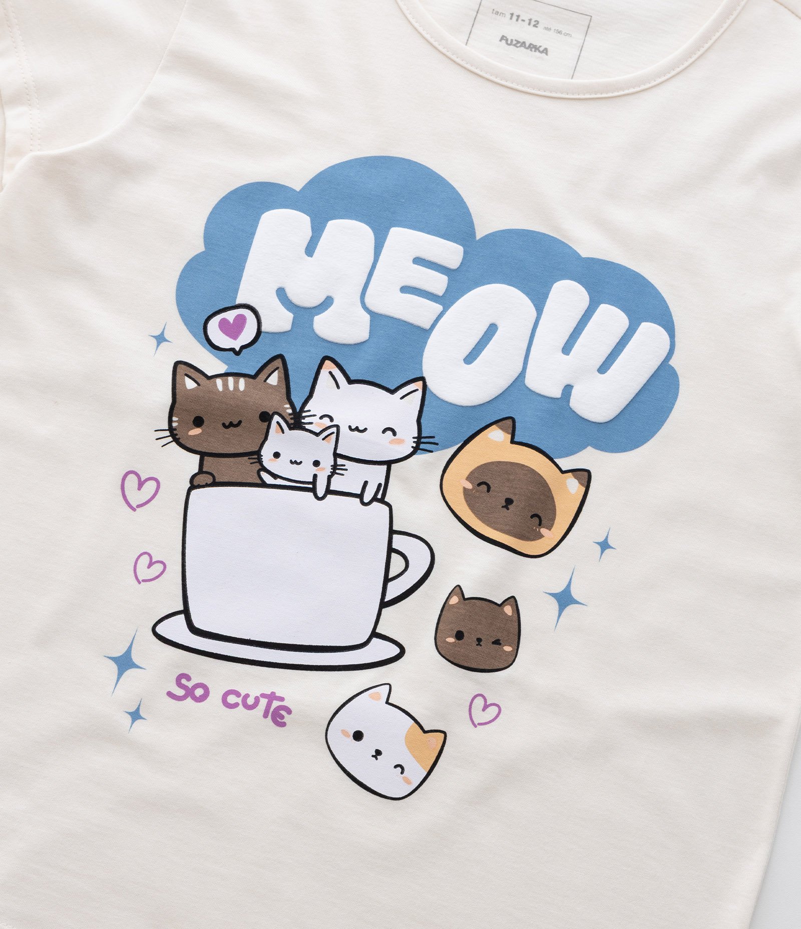 Camiseta Infantil com Estampa Gatinhos na Xícara - Tam 5 a 14 Anos Off White 4