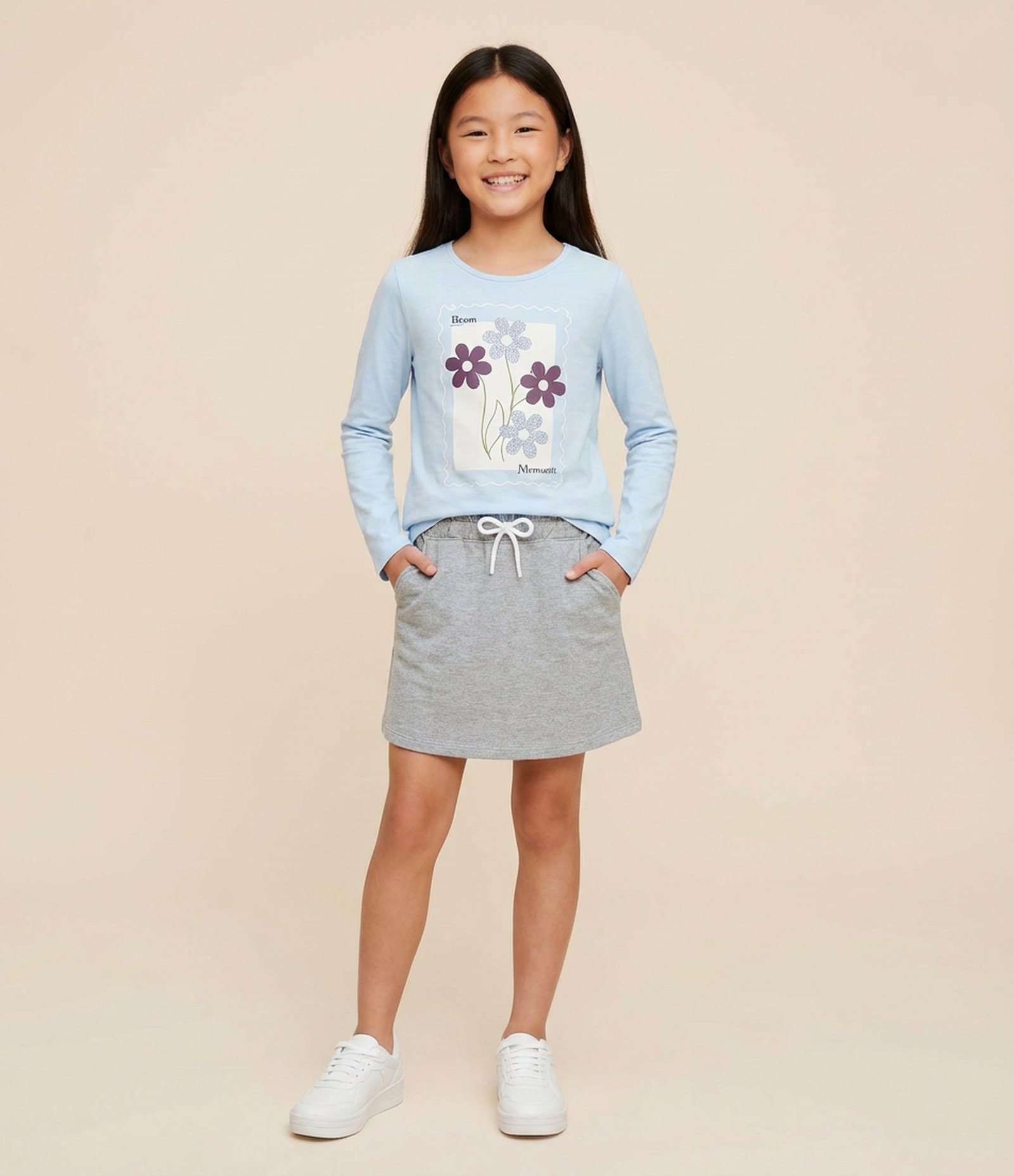 Camiseta Infantil com Estampa Flores com Brilhos - Tam 5 a 14 Anos Azul 1