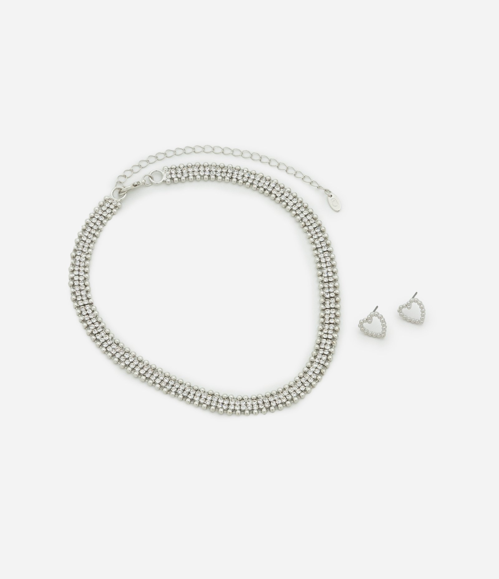 Conjunto de Colar Curto com Stras e Esferas e Brinco Vazado de Coração Prata 3