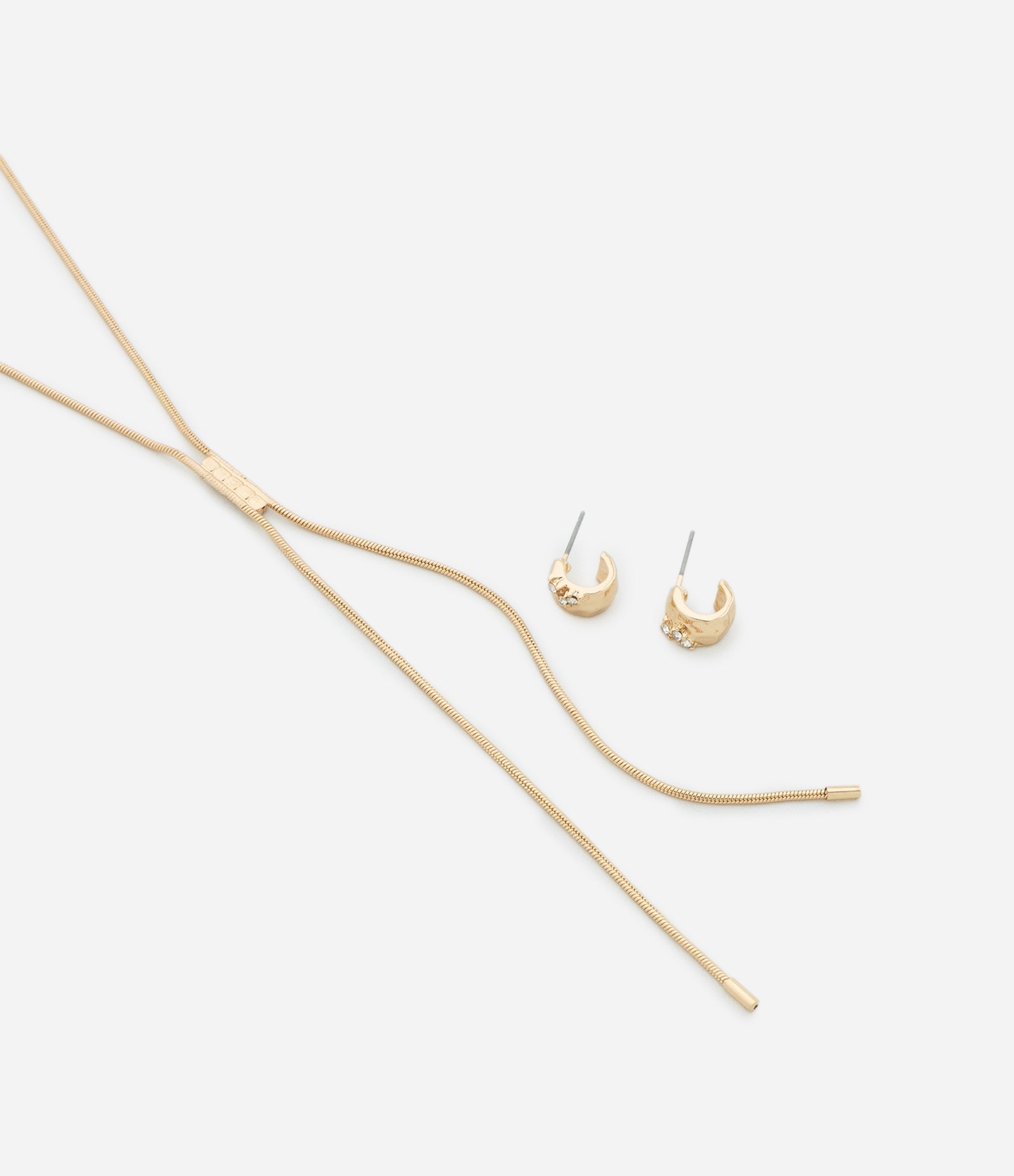 Conjunto de Colar e Gravata Rabo de Rato com Brinco Argola e Strass Dourado 2