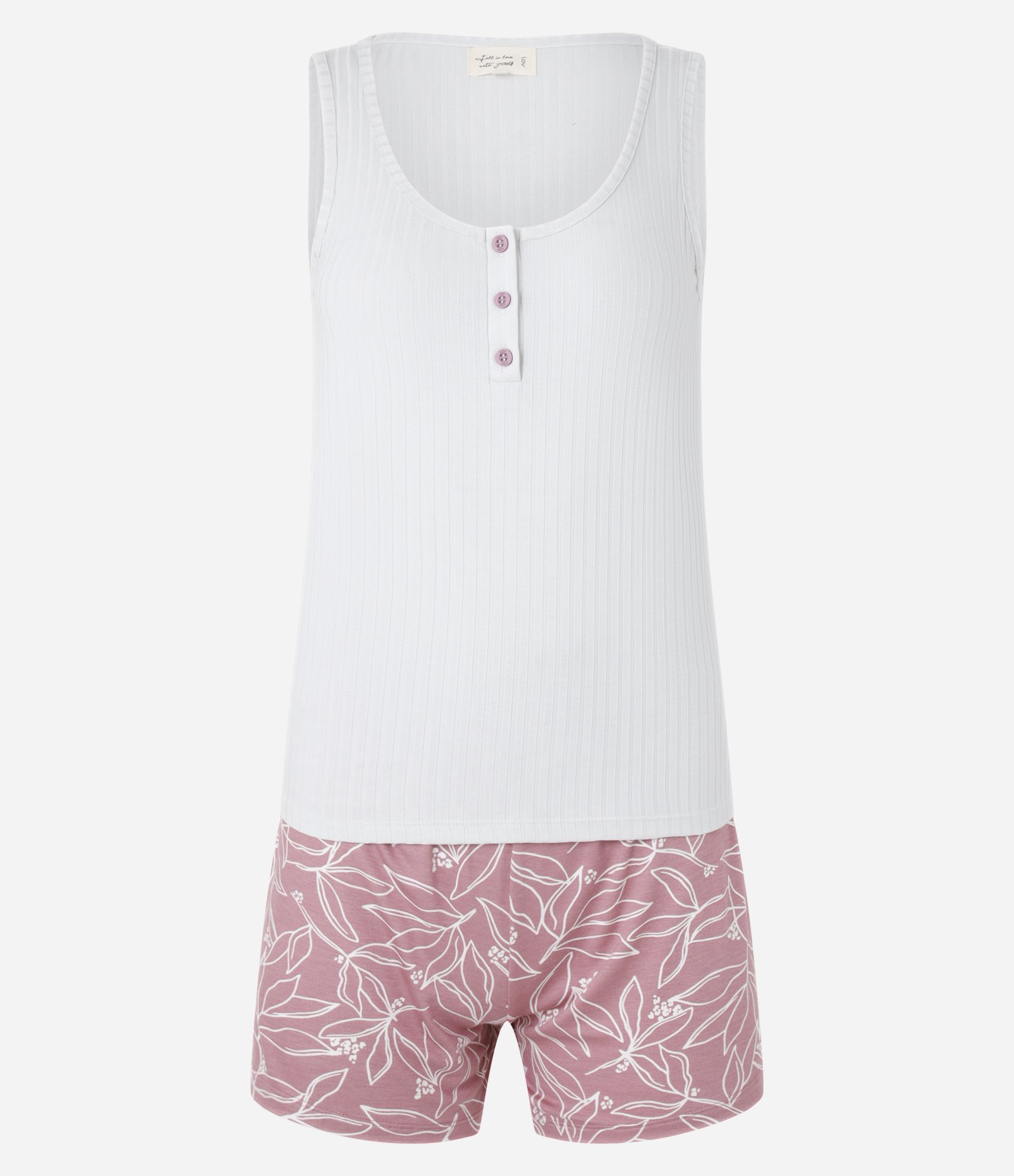Pijama Short Doll em Ribana com Botões e Estampa de Folhagem Multicores 3