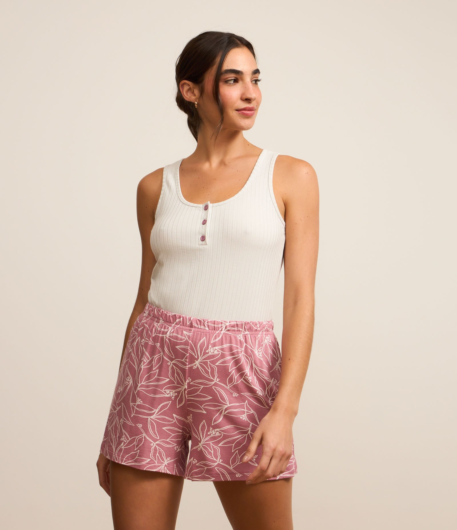 Pijama Short Doll em Ribana com Botões e Estampa de Folhagem Multicores 1