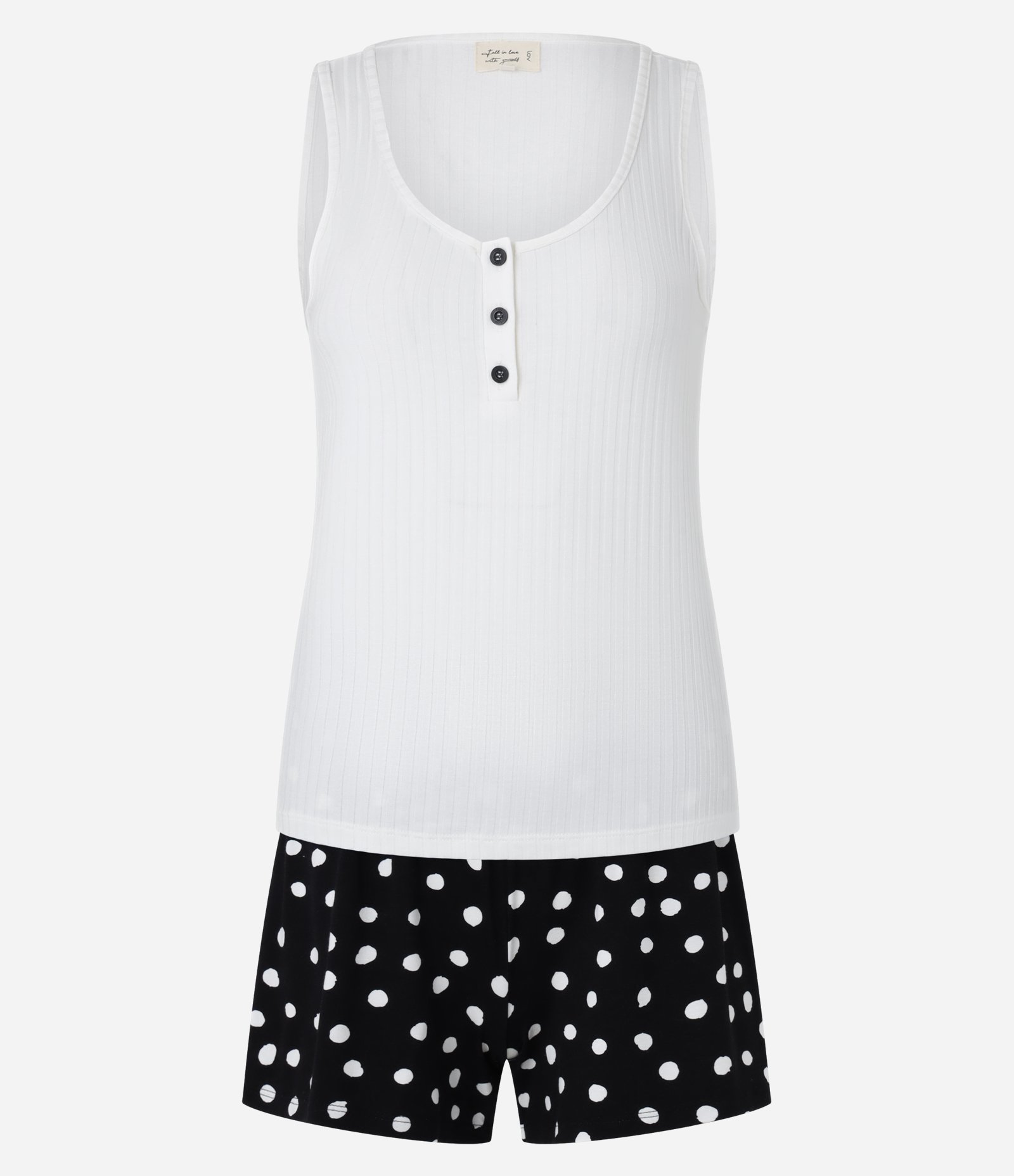 Pijama Short Doll em Ribana com Botões e Short Poá Preto 4