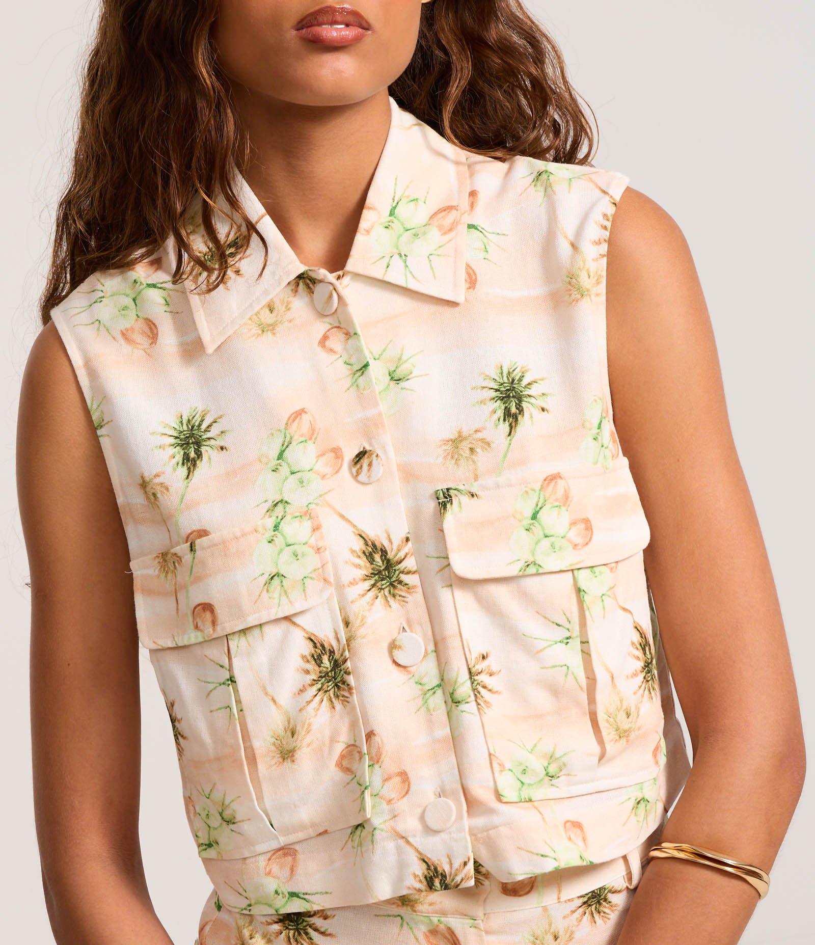 Blusa Colete em Viscose e Linho e Estampa de Coqueiros Bege 3