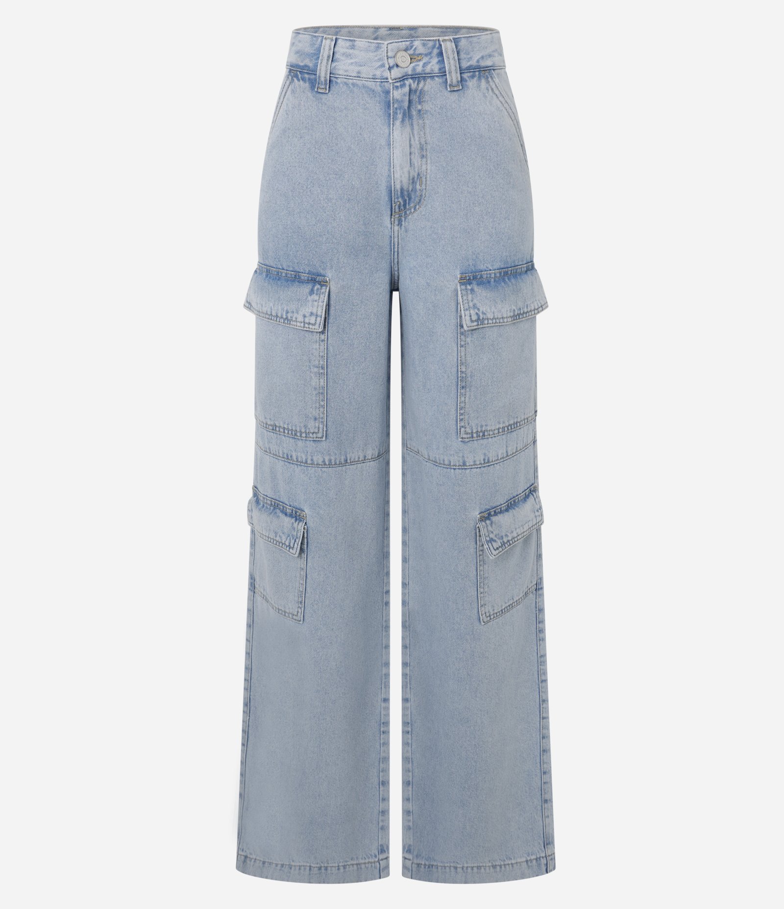 Calça Wide Leg em Jeans com Bolso Cargo Azul Claro 6