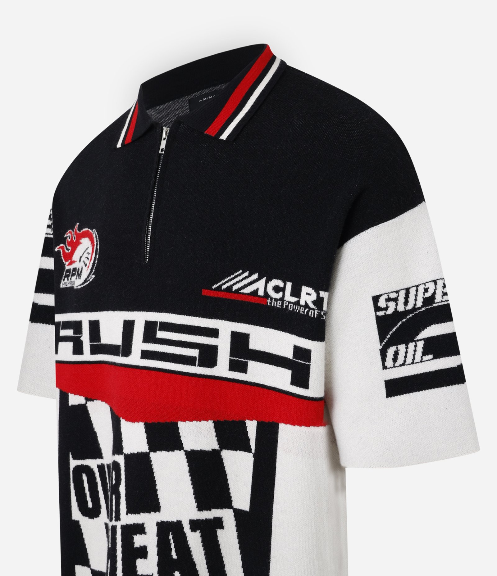 Camisa Polo Boxy em Tricô com Zíper na Gola e Estampa Automobilismo Preto 7