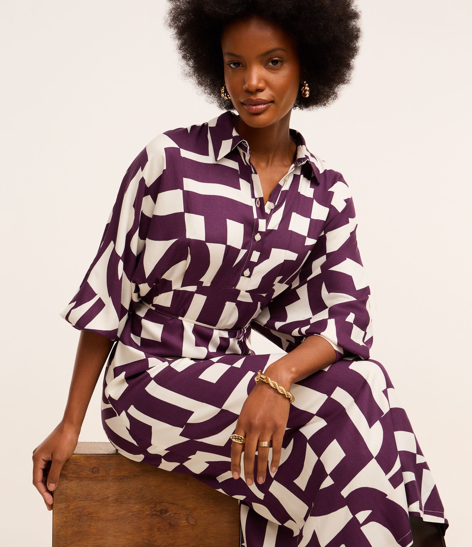 Vestido Longo em Viscolinho com Estampa Ladrilhos Bicolor Roxo/Off White 7