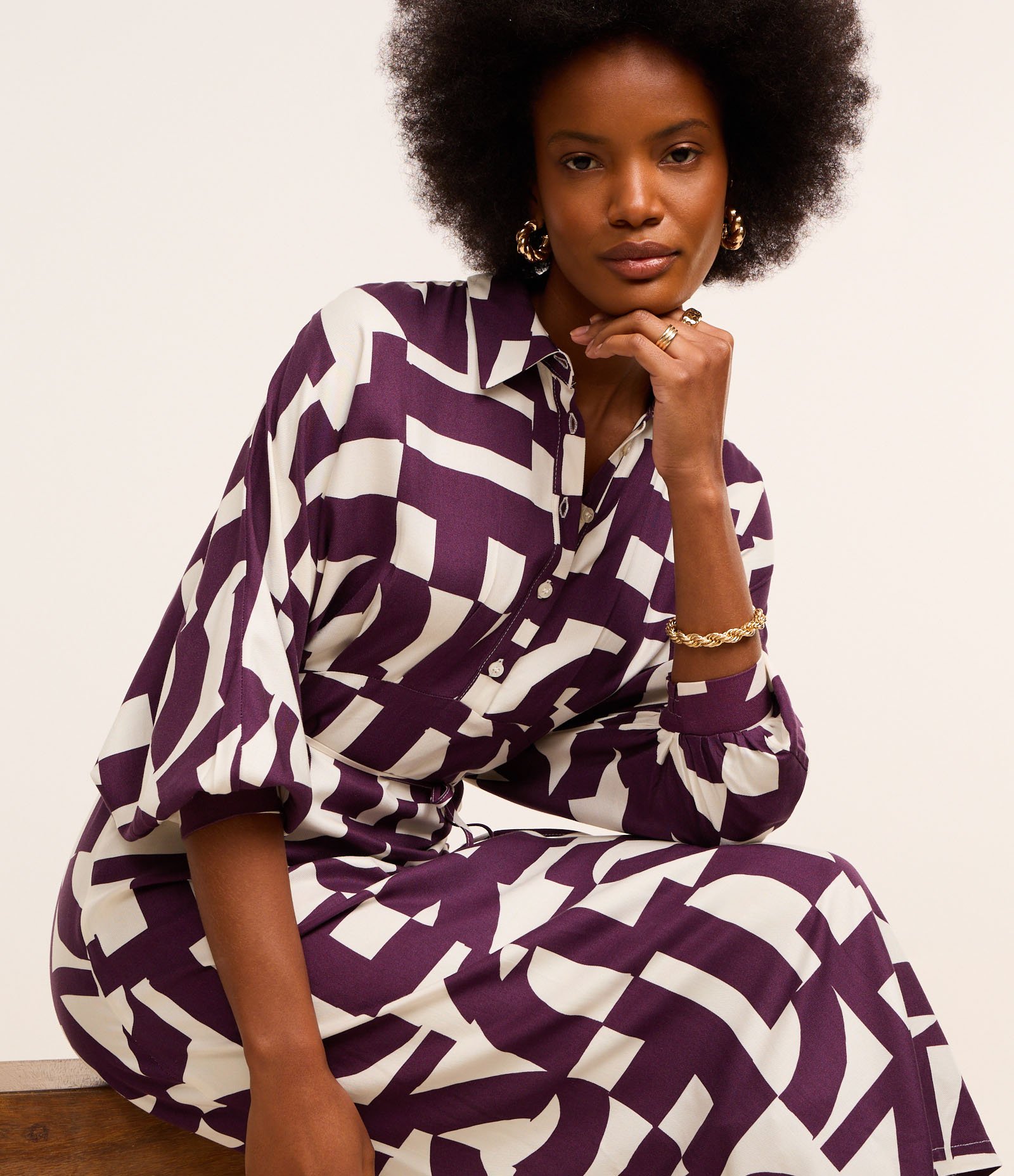 Vestido Longo em Viscolinho com Estampa Ladrilhos Bicolor Roxo/Off White 6