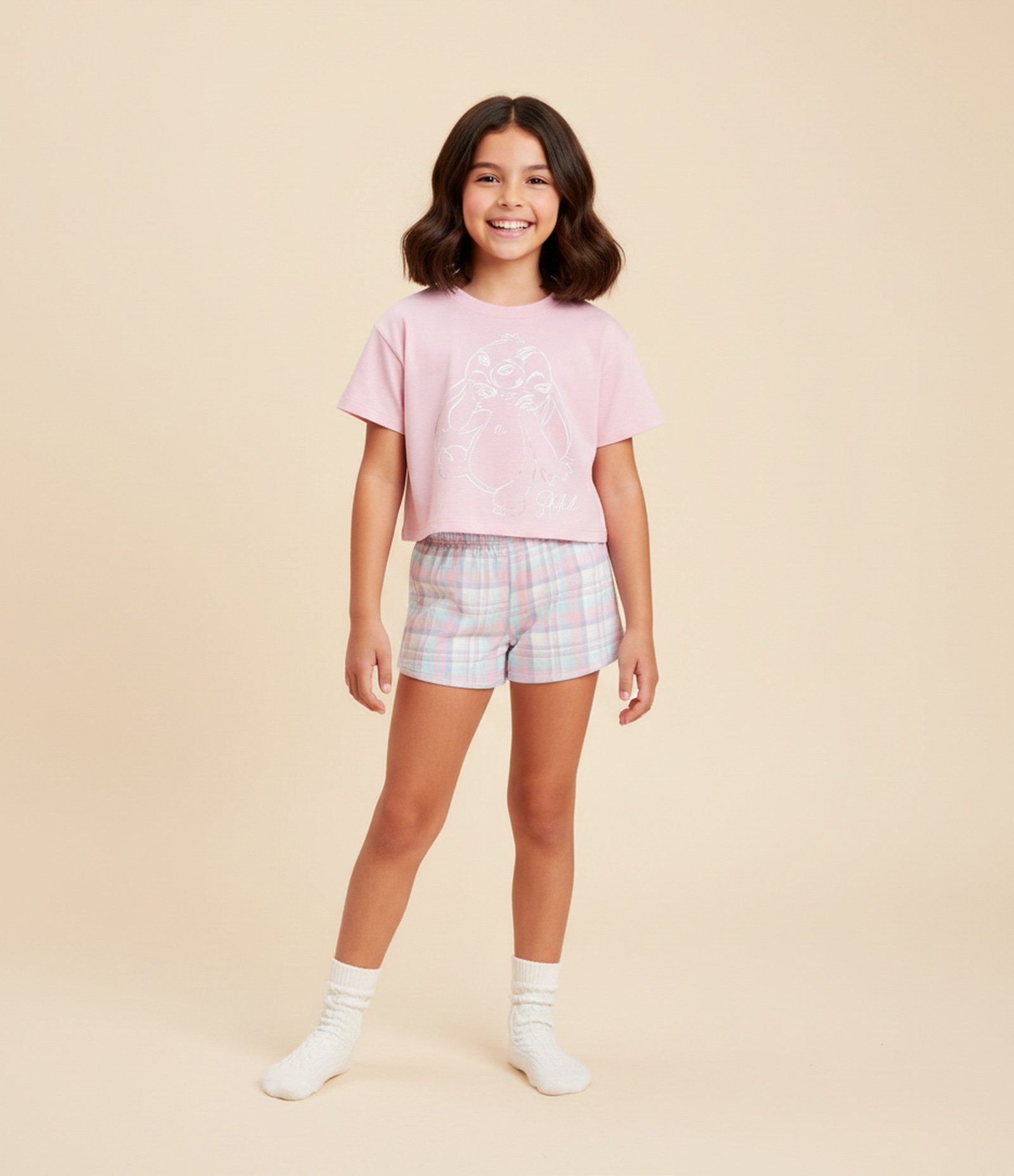 Pijama Infantil com Estampa do Stitch em Foil - Tam 5 a 14 Anos Rosa 1