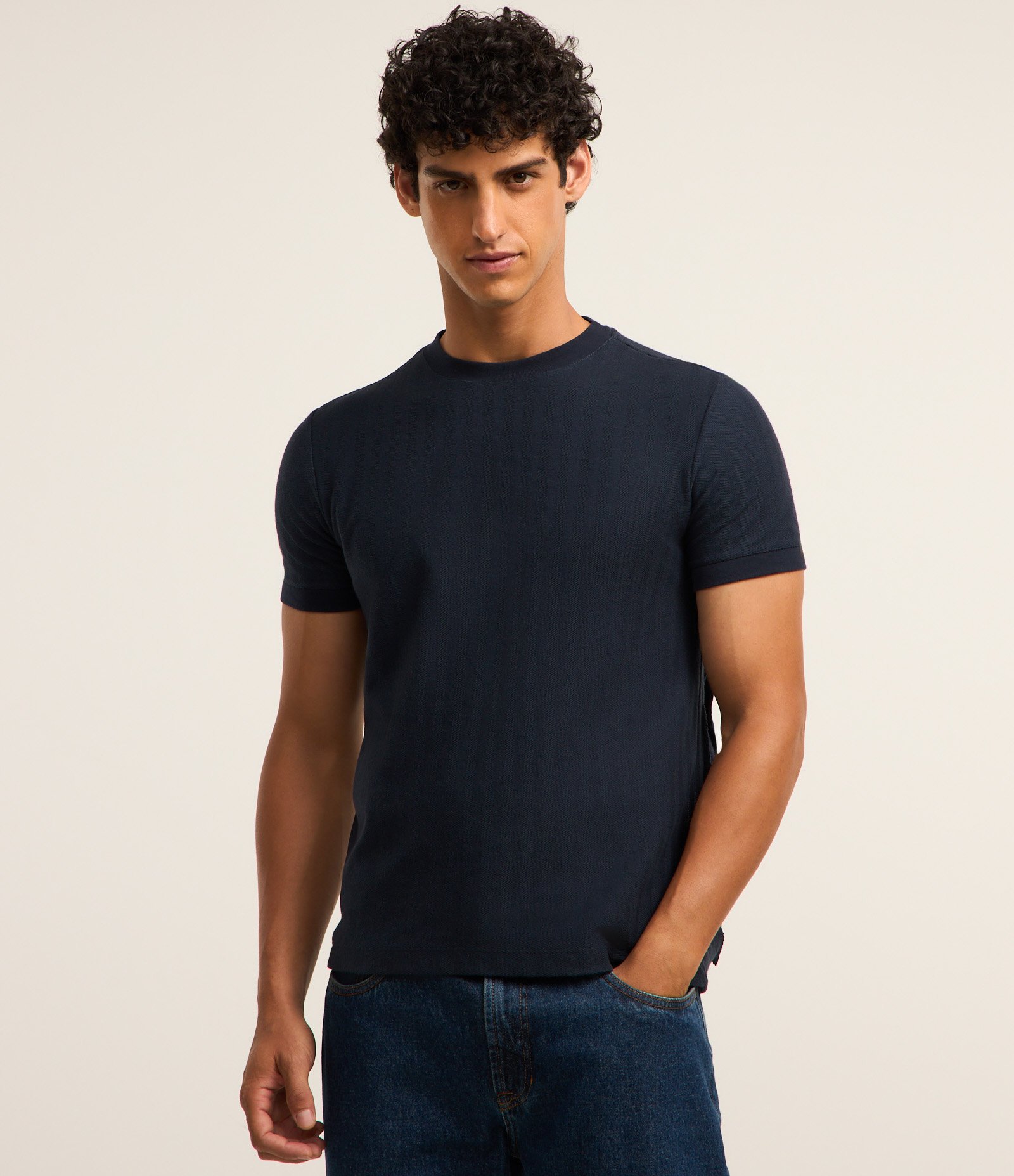 Camiseta Slim em Algodão com Textura Espinha de Peixe Azul 1