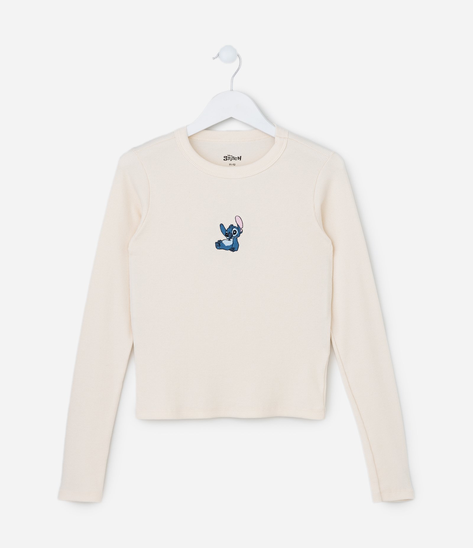Camiseta Infantil Canelada com Bordado do Stitch - Tam 5 a 14 Anos Bege 1
