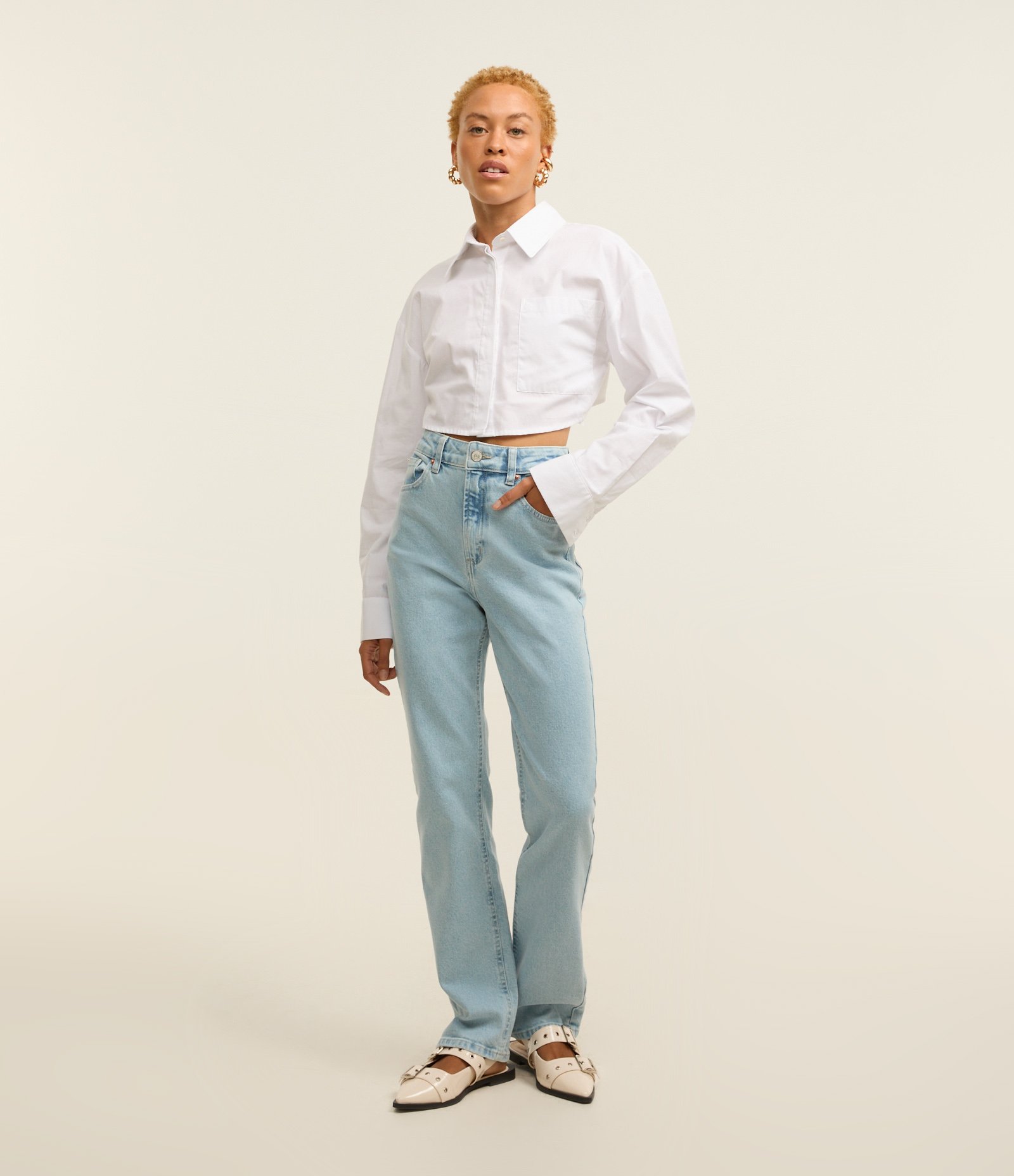 Calça Reta Elastizada em Jeans com Cintura Alta e Efeito Marmorizado Azul 1