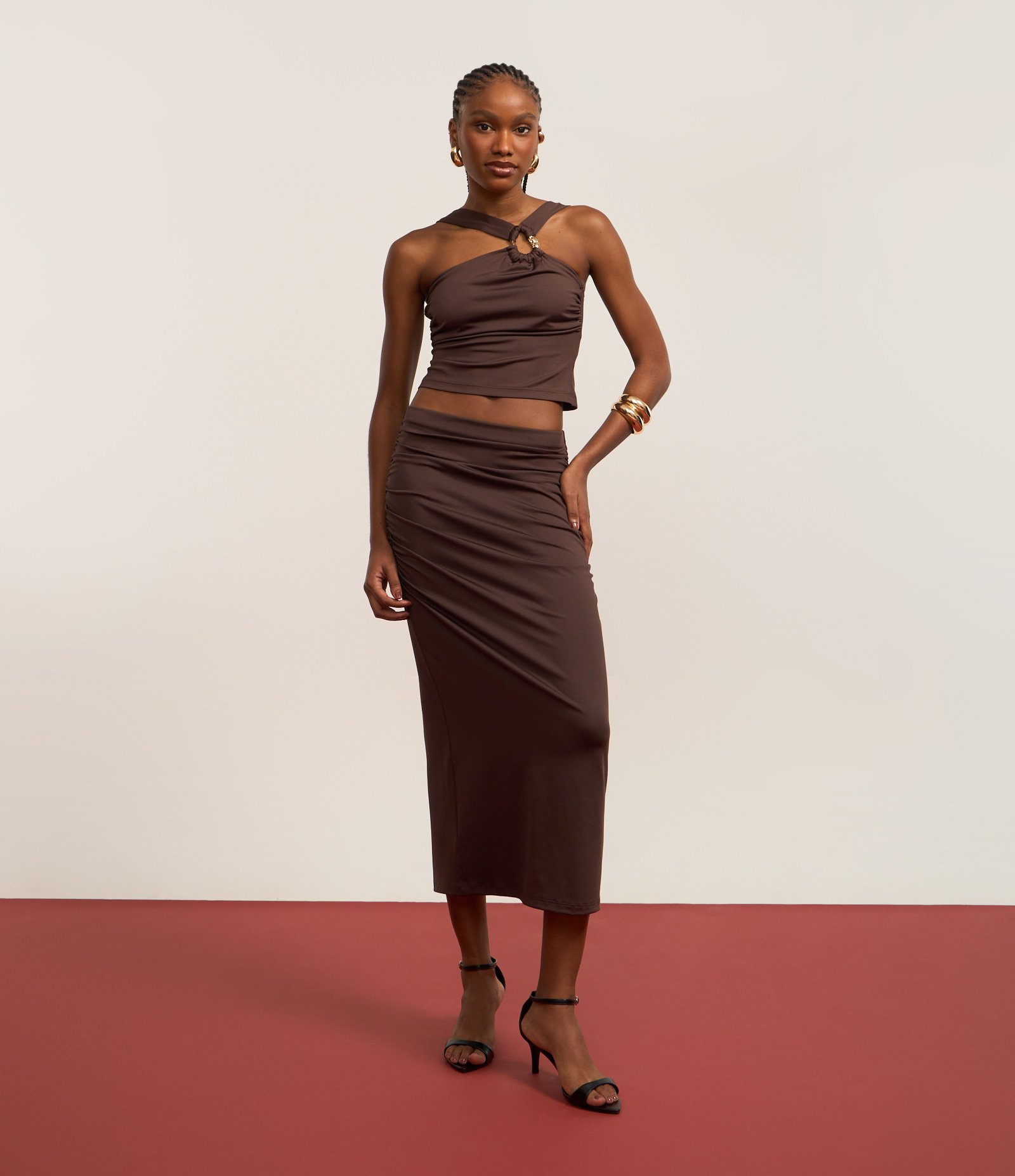 Saia New Midi com Franzidos e Fenda Marrom 6