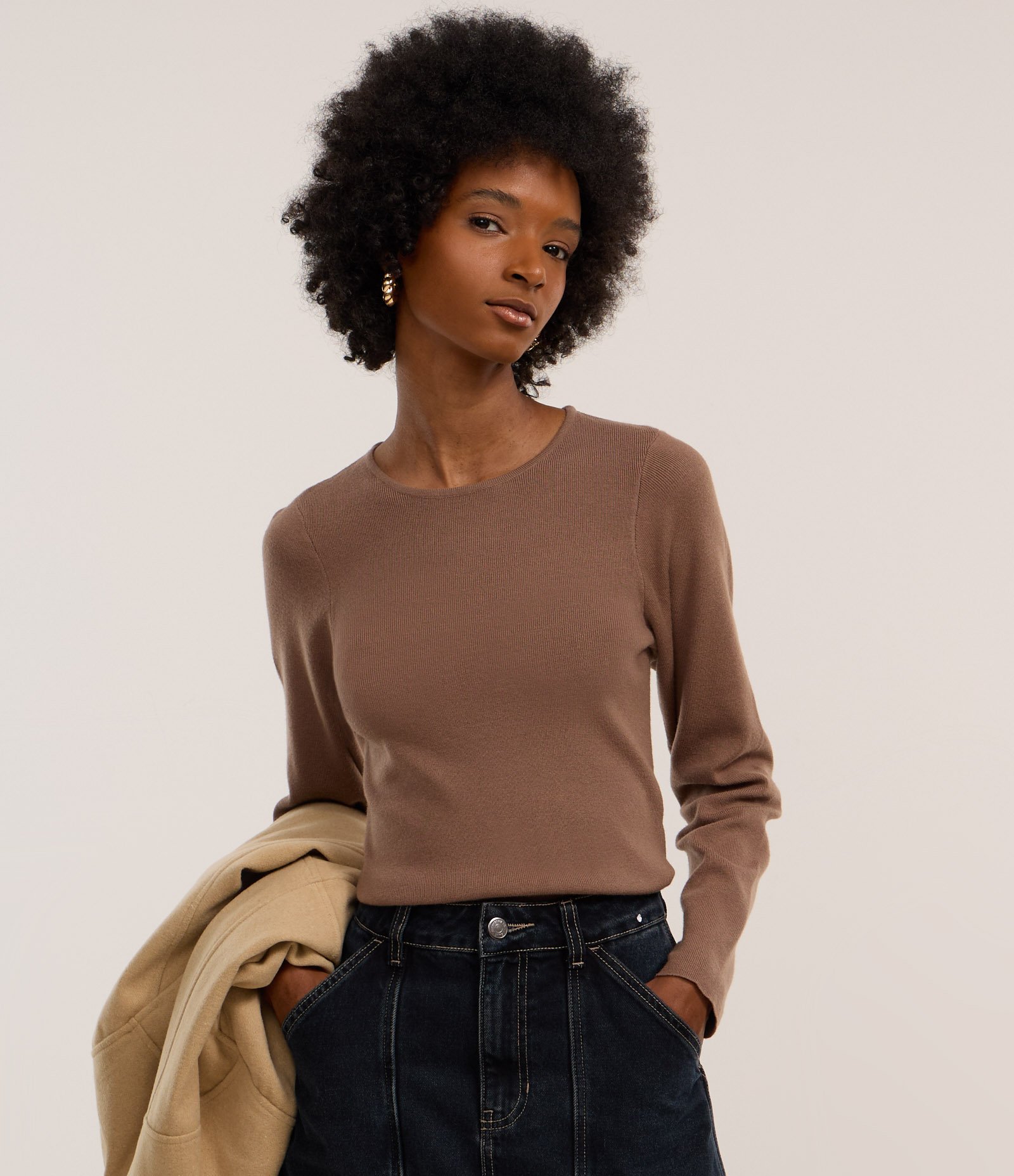 Blusa em Tricô com Manga Longa Marrom 3