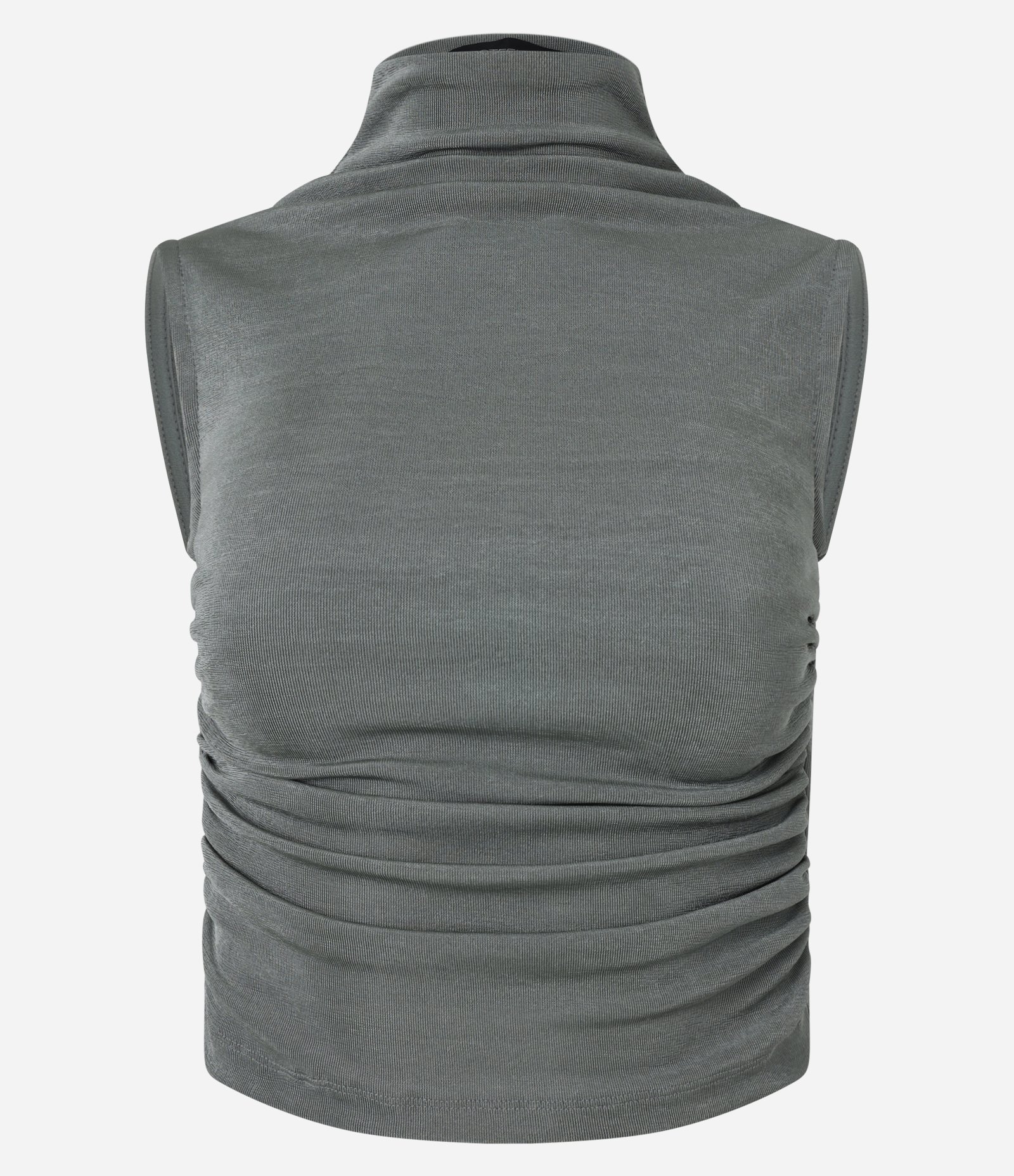 Blusa Cropped Franzida em Ribana com Gola Alta e Costas Abertas Verde Acinzentado 5