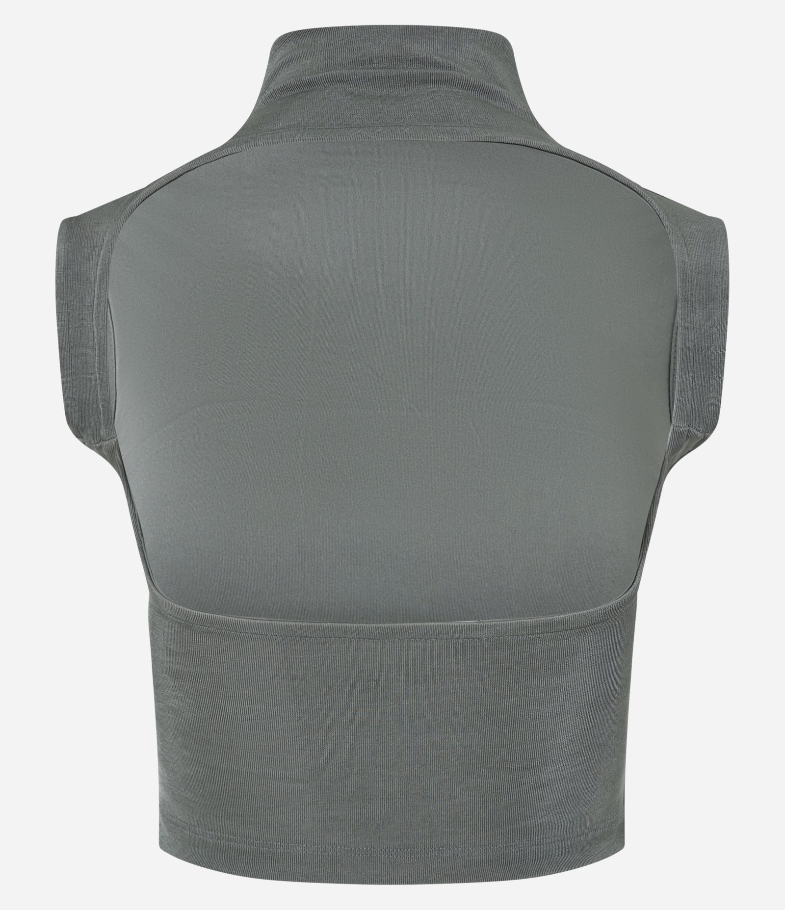 Blusa Cropped Franzida em Ribana com Gola Alta e Costas Abertas Verde Acinzentado 6