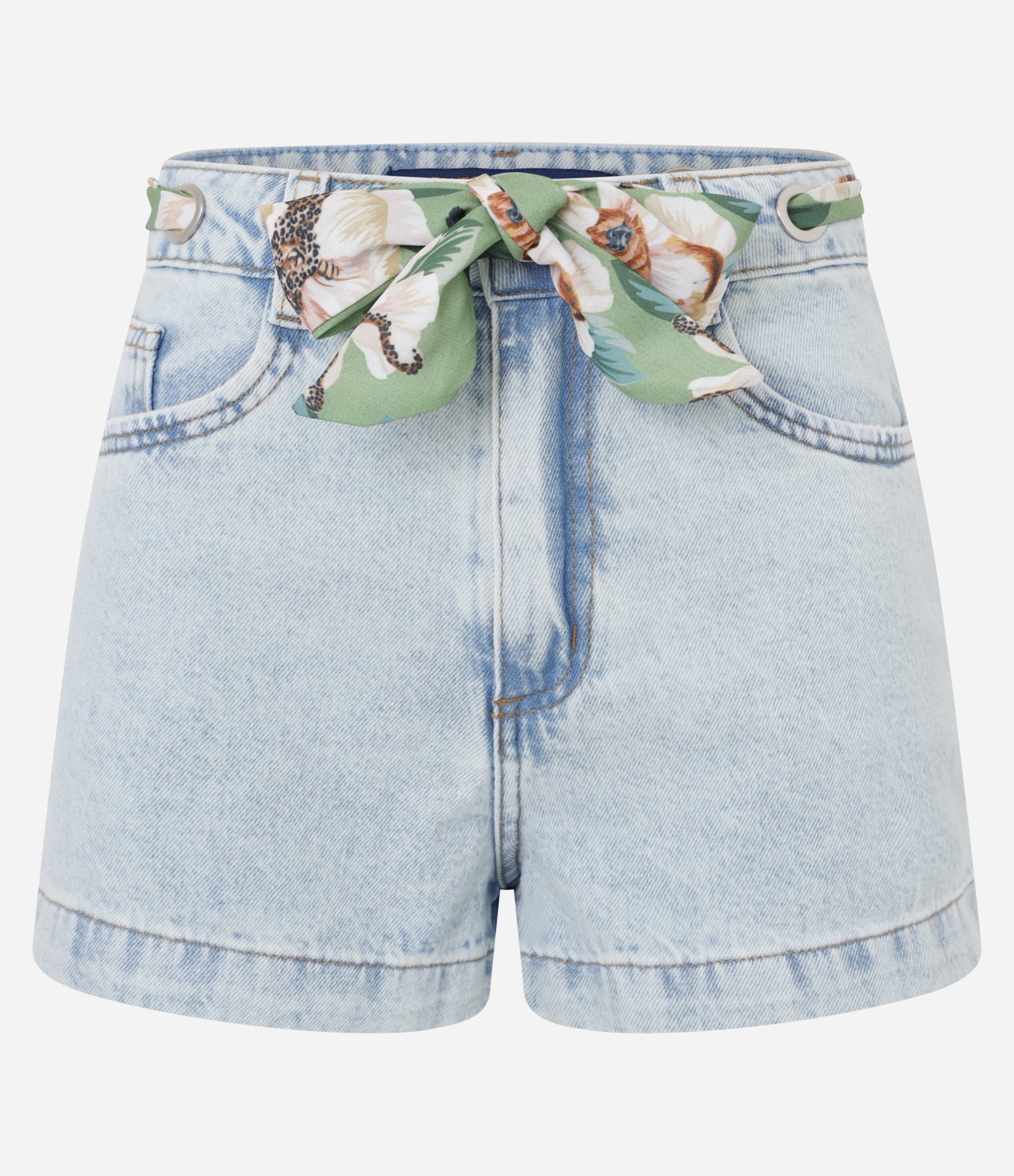 Short Slim de Cintura Alta em Jeans com Ilhós e Lenço Floral Azul Claro 1