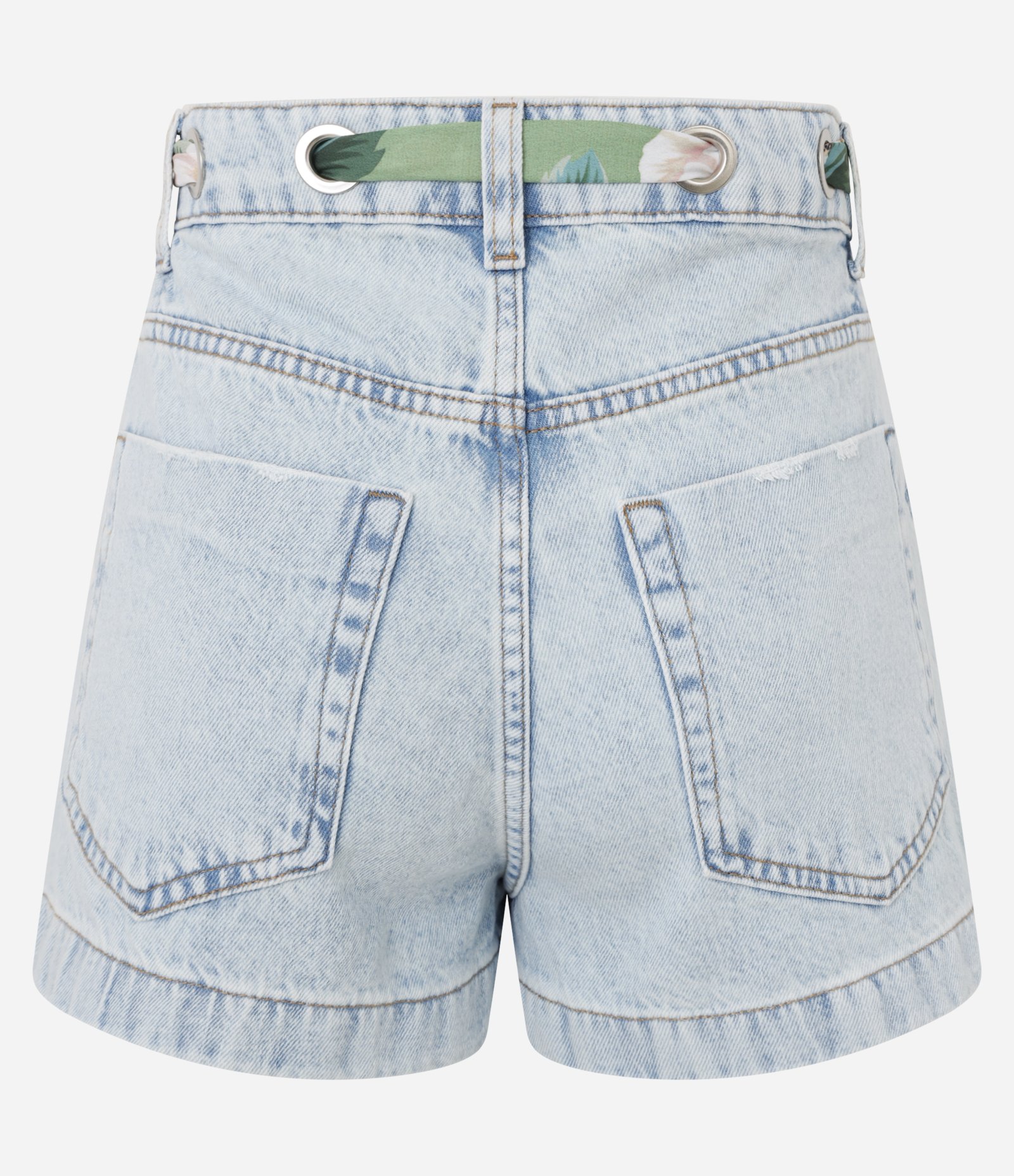 Short Slim de Cintura Alta em Jeans com Ilhós e Lenço Floral Azul Claro 2
