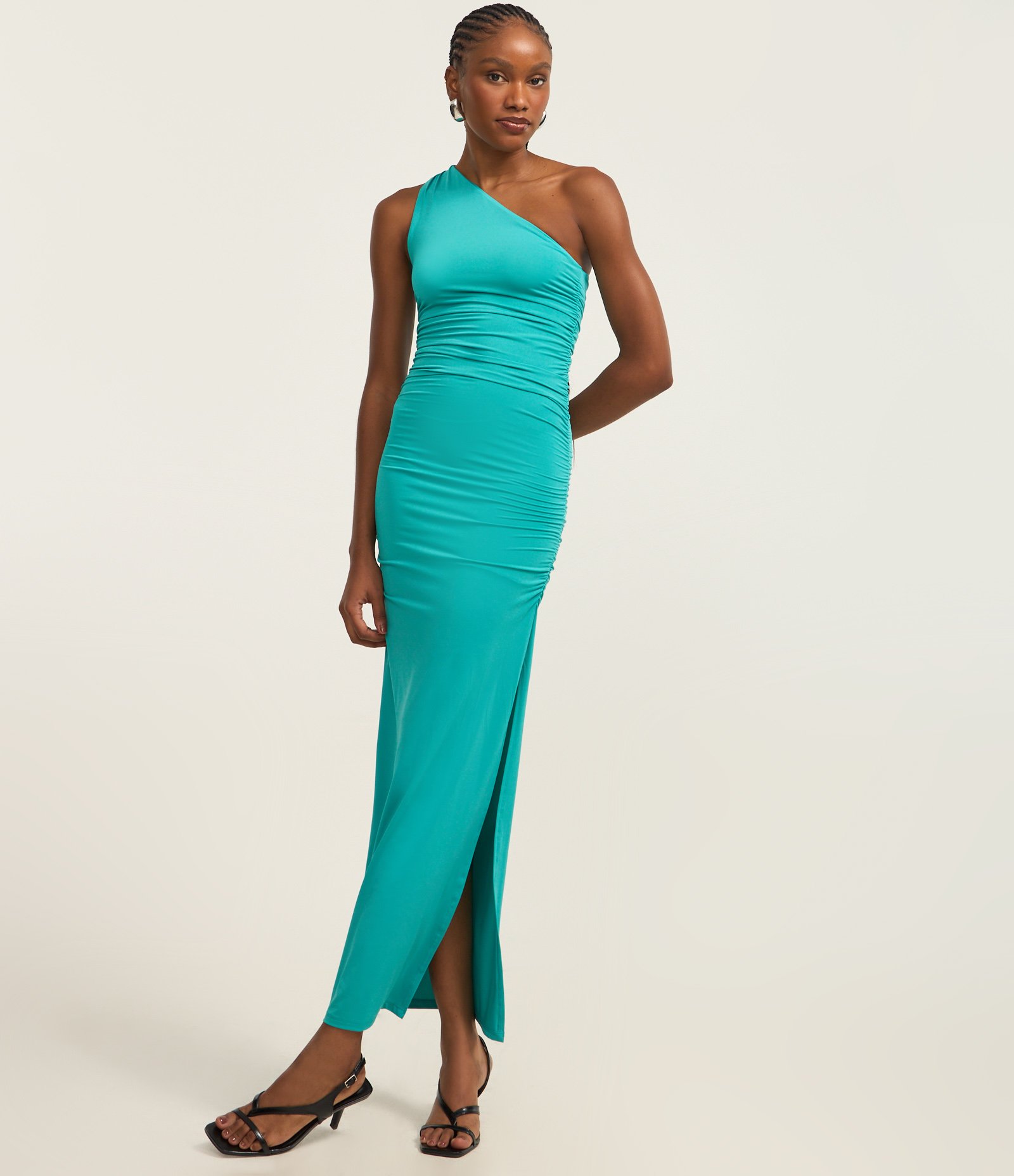 Vestido Midi em Poliamida com Um Ombro Só e Franzidinho Verde 2