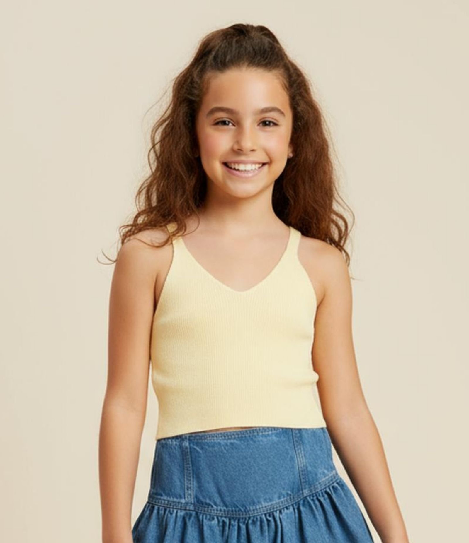 Blusa Cropped Infantil Canelada em Tricô - Tam 5 a 14 anos Amarelo 1