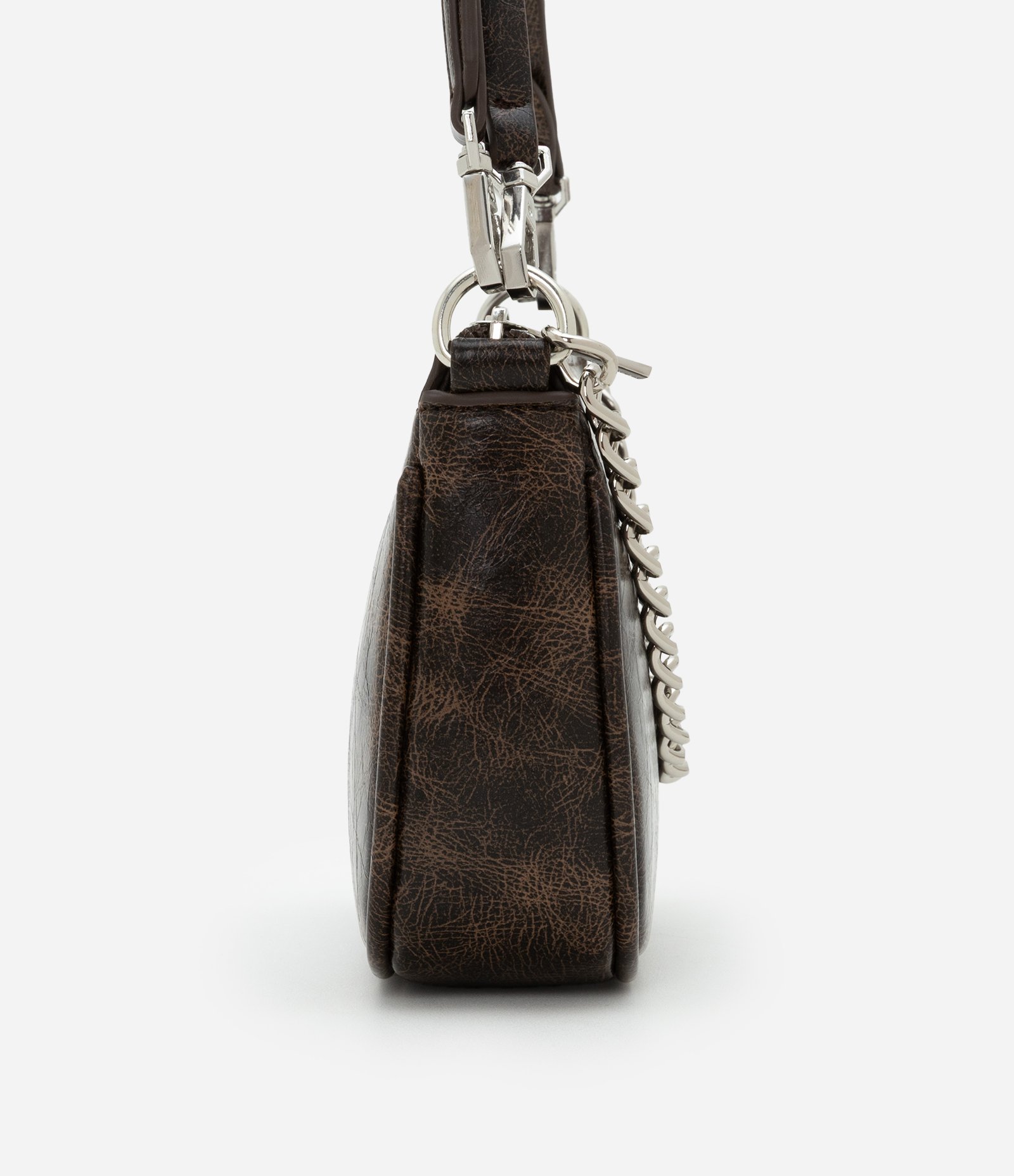 Bolsa Baguete Pequena Efeito Estonada com Detalhe de Corrente Marrom 2