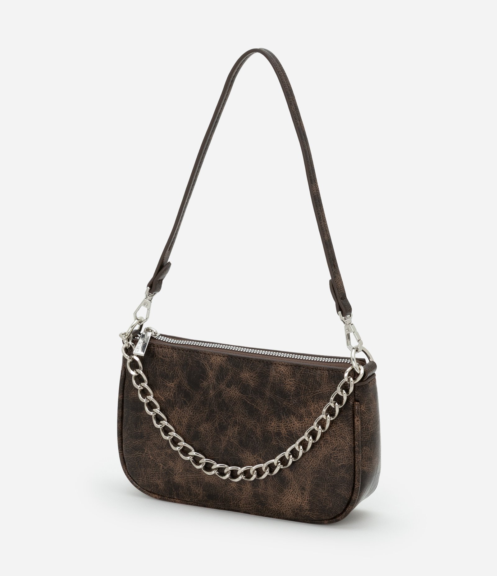 Bolsa Baguete Pequena Efeito Estonada com Detalhe de Corrente Marrom 4