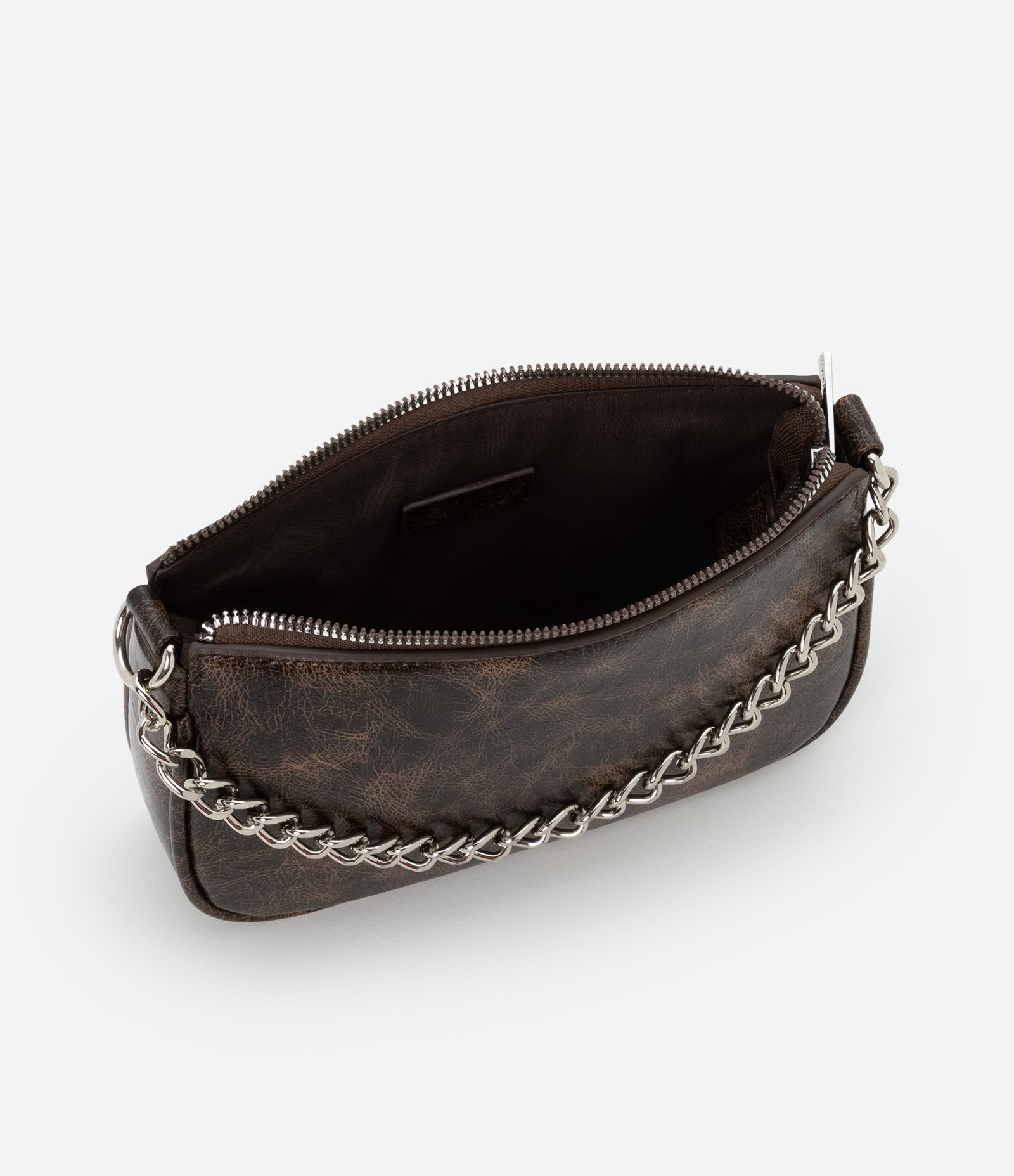 Bolsa Baguete Pequena Efeito Estonada com Detalhe de Corrente Marrom 5