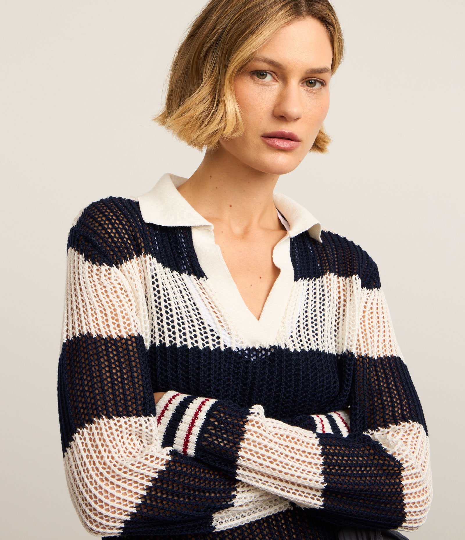 Camisa Polo Oversized Esportiva em Tricô com Estampa Listrada Azul Marinho/Off White 1