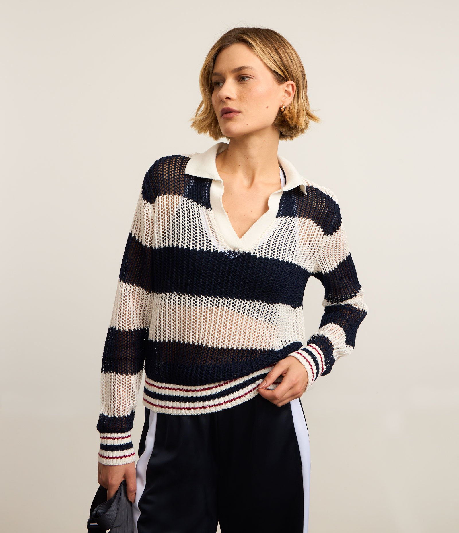 Camisa Polo Oversized Esportiva em Tricô com Estampa Listrada Azul Marinho/Off White 2