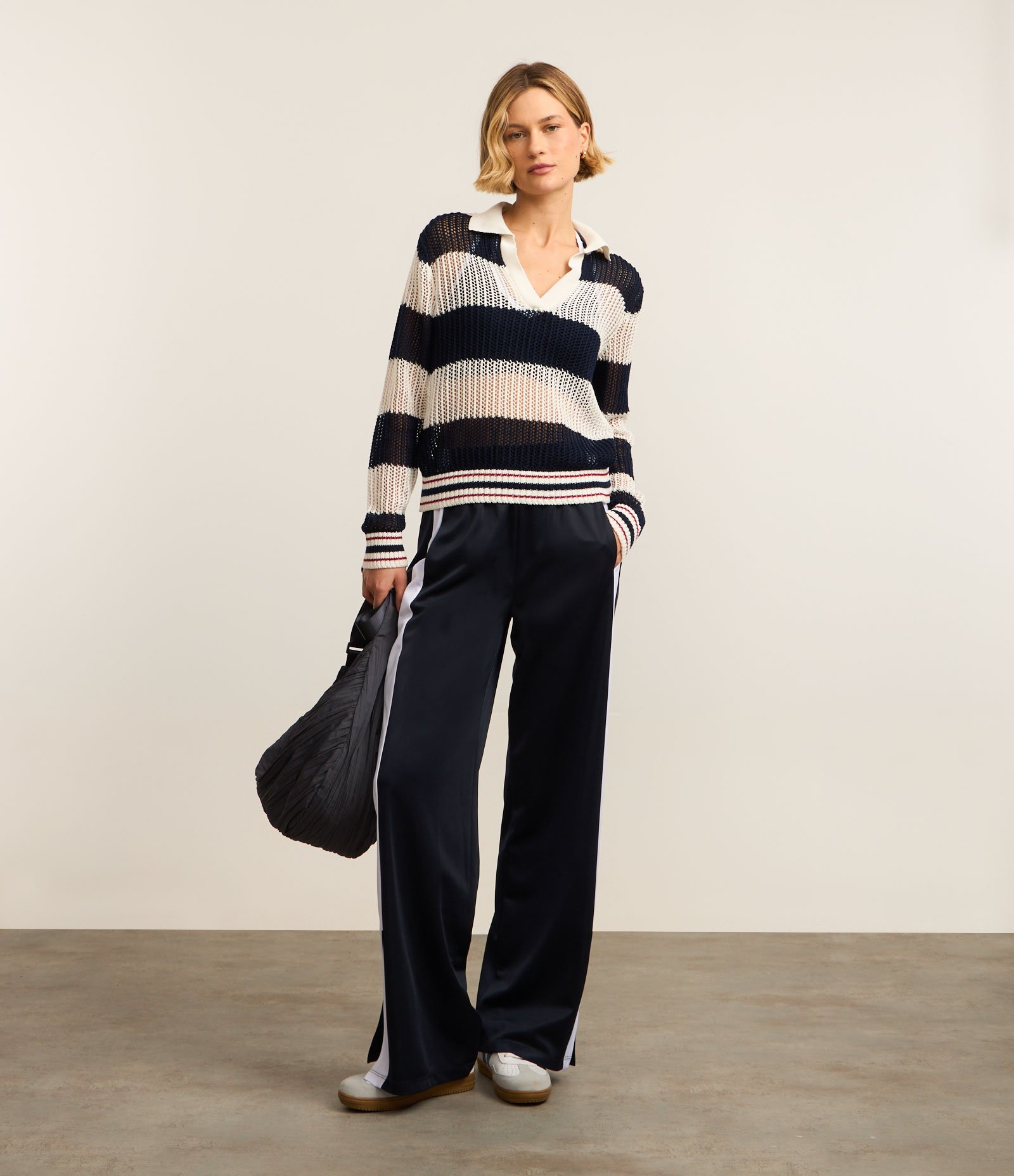 Camisa Polo Oversized Esportiva em Tricô com Estampa Listrada Azul Marinho/Off White 3