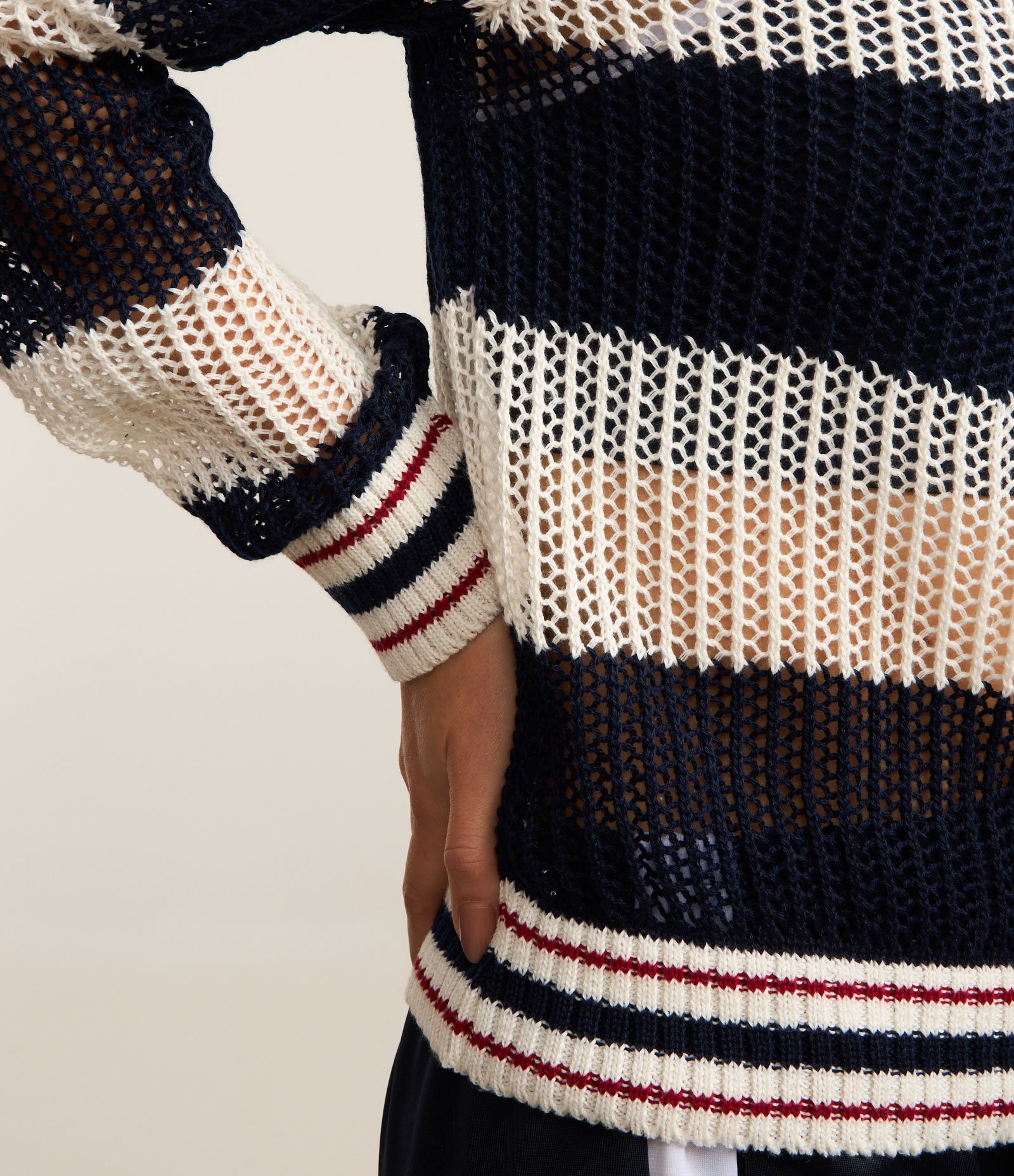 Camisa Polo Oversized Esportiva em Tricô com Estampa Listrada Azul Marinho/Off White 4