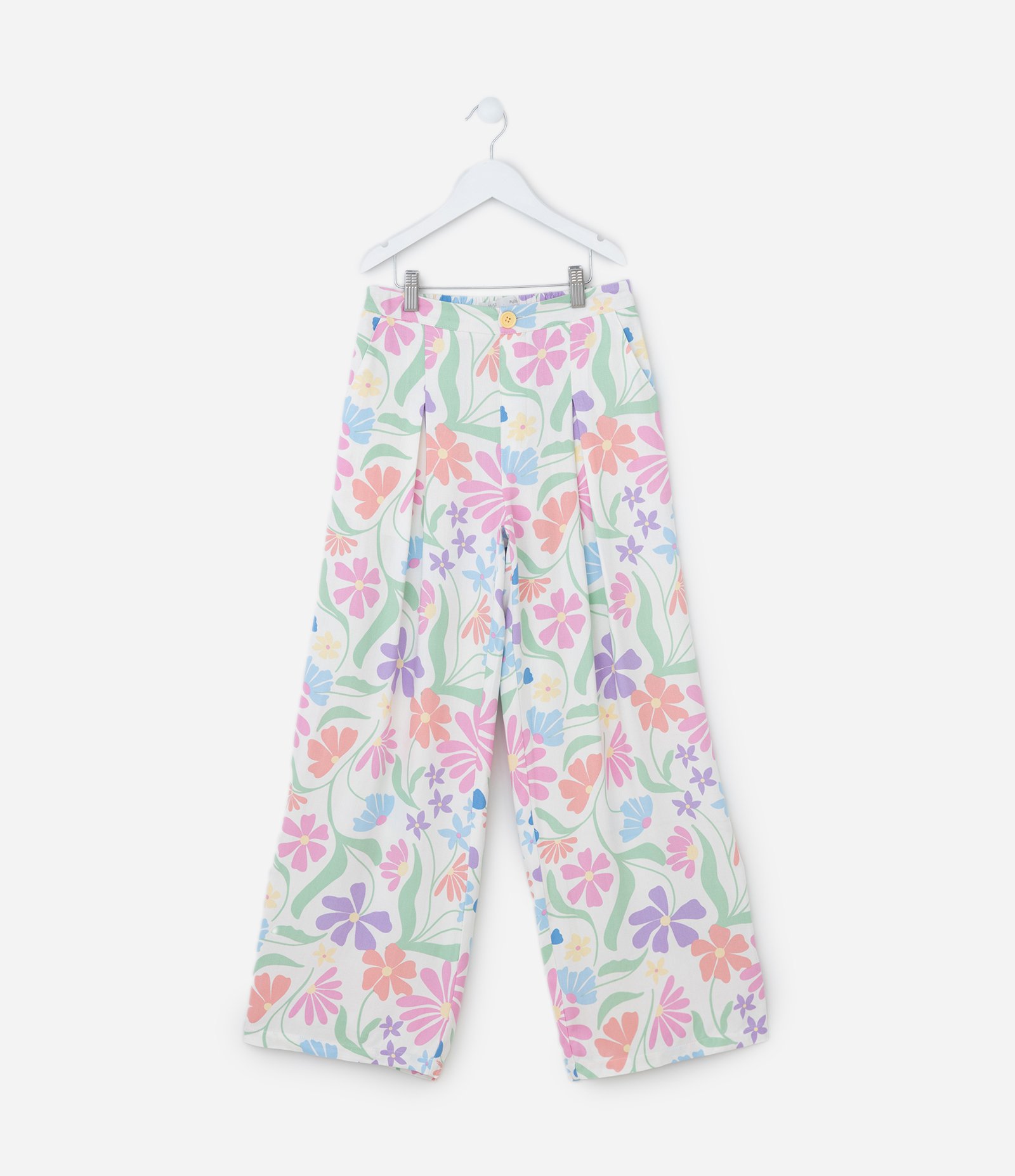 Calça Wide Leg Infantil em Chalis com Estampa Floral - Tam 5 A 14 Anos Branco 2